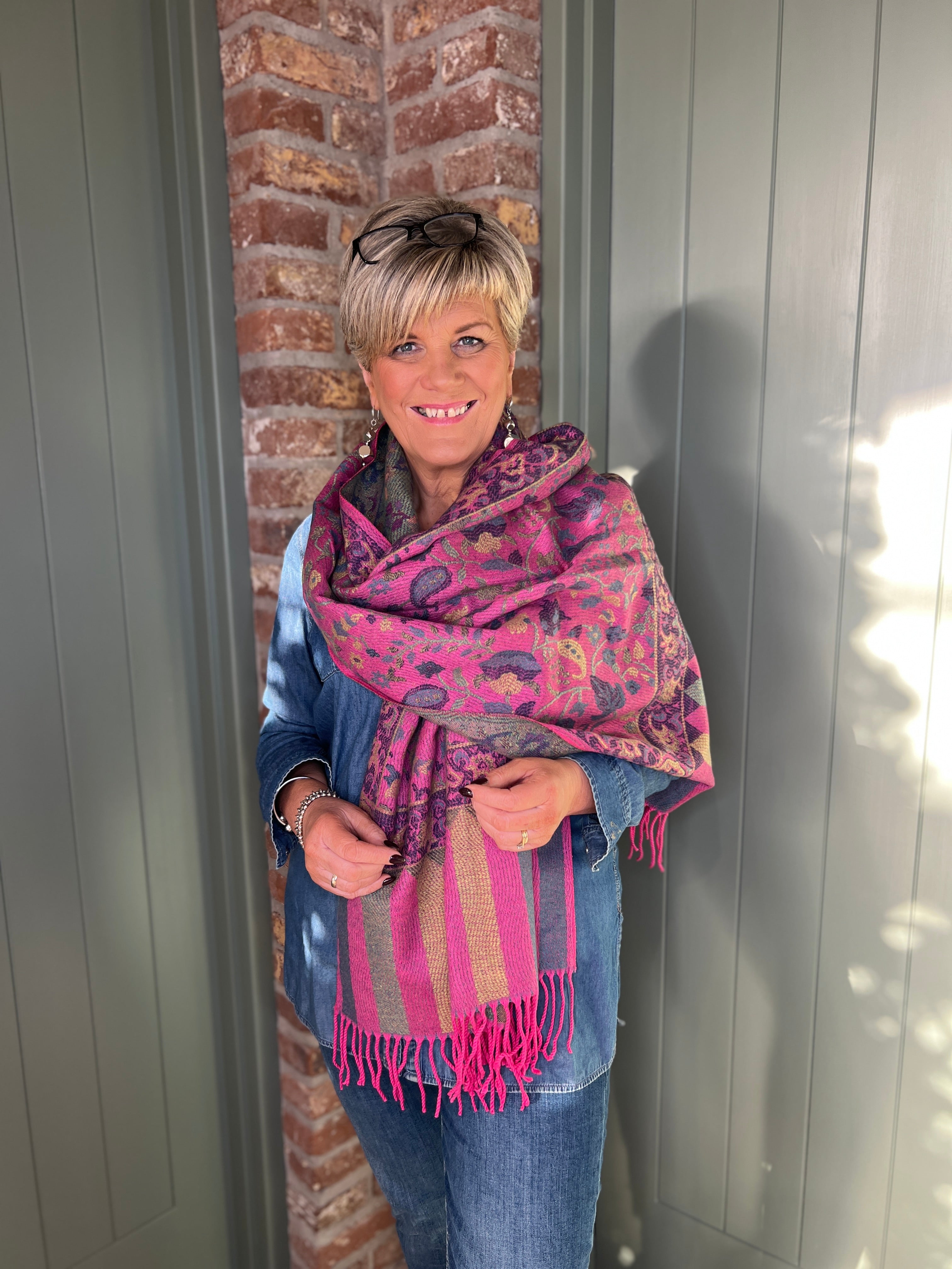 Sophie Flower Print Scarf In Fuchsia Multi
