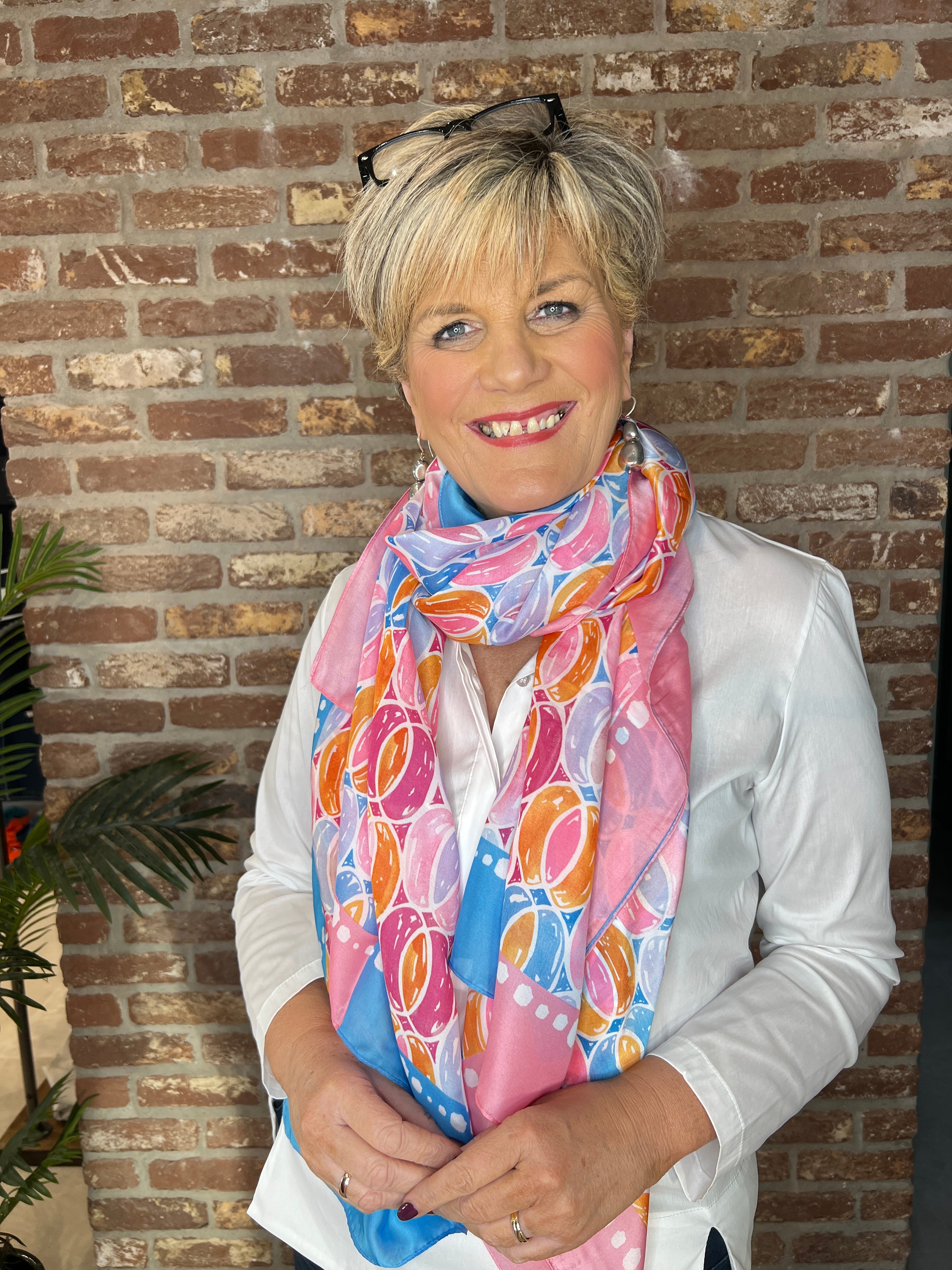 Pipa Patterned Silk Scarf In Pink Multi