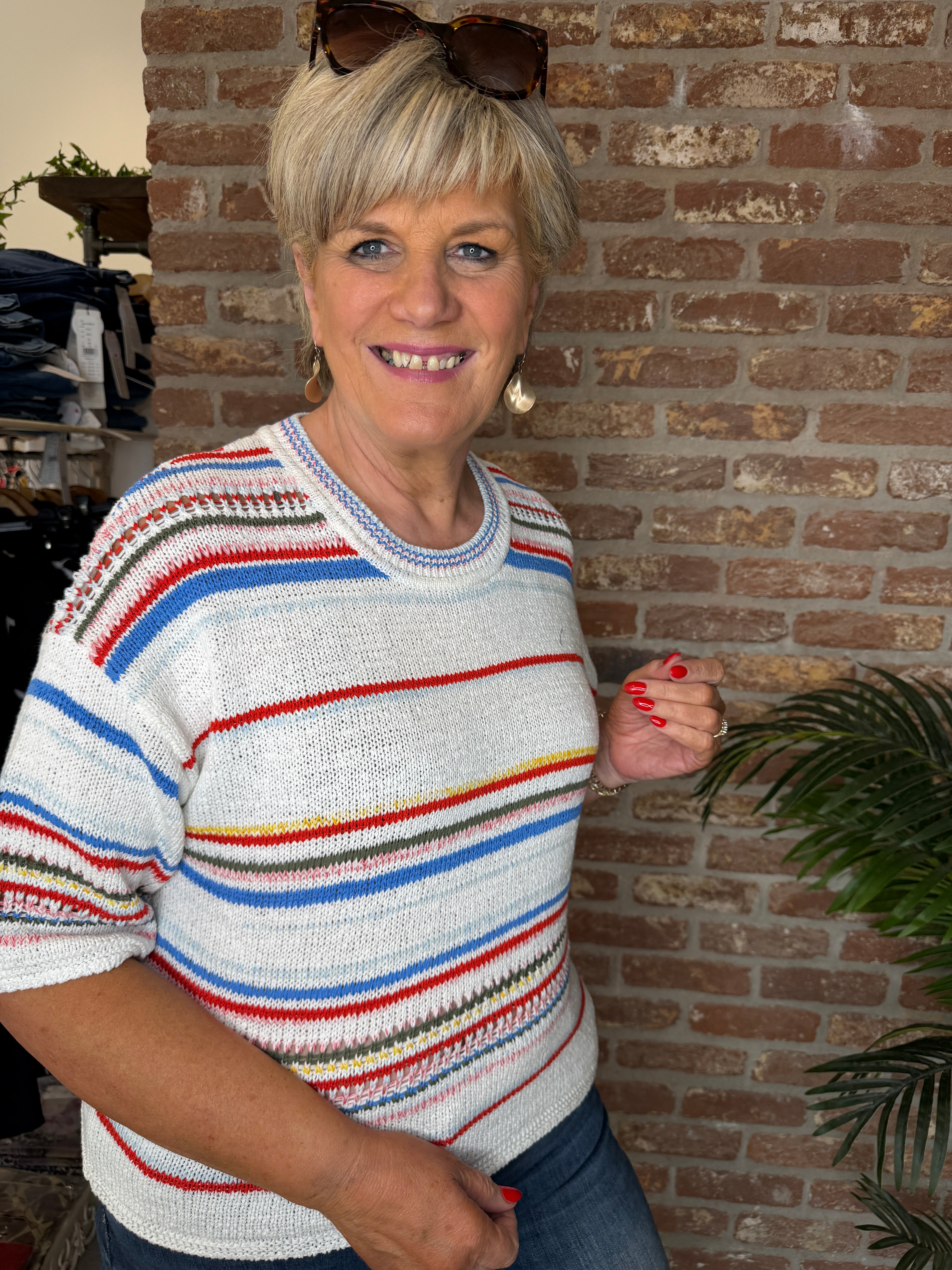 Oui striped pullover in white & red multi