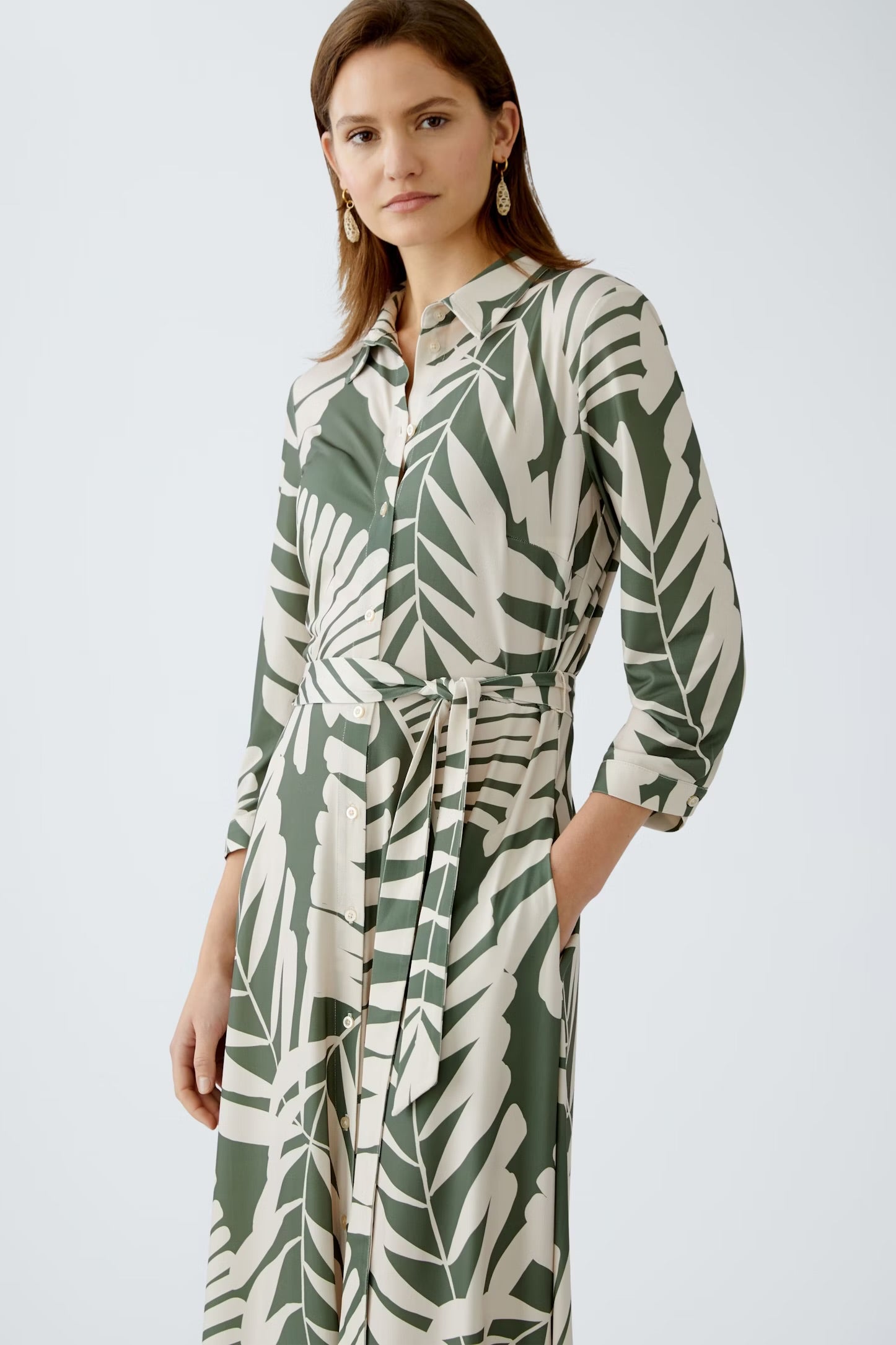 Oui Floral Shirt Dress In Khaki & Stone