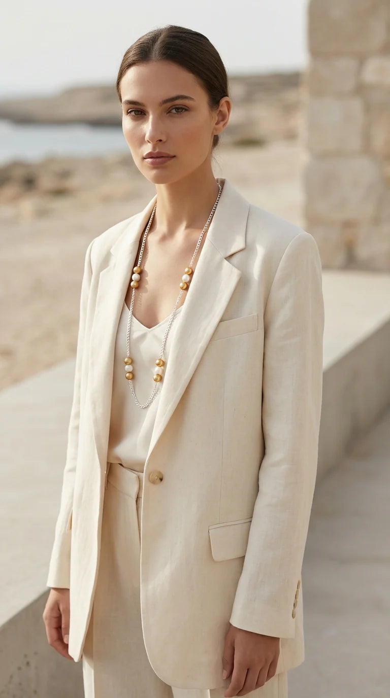 Envy long Necklace With gold & peal balls In Silver