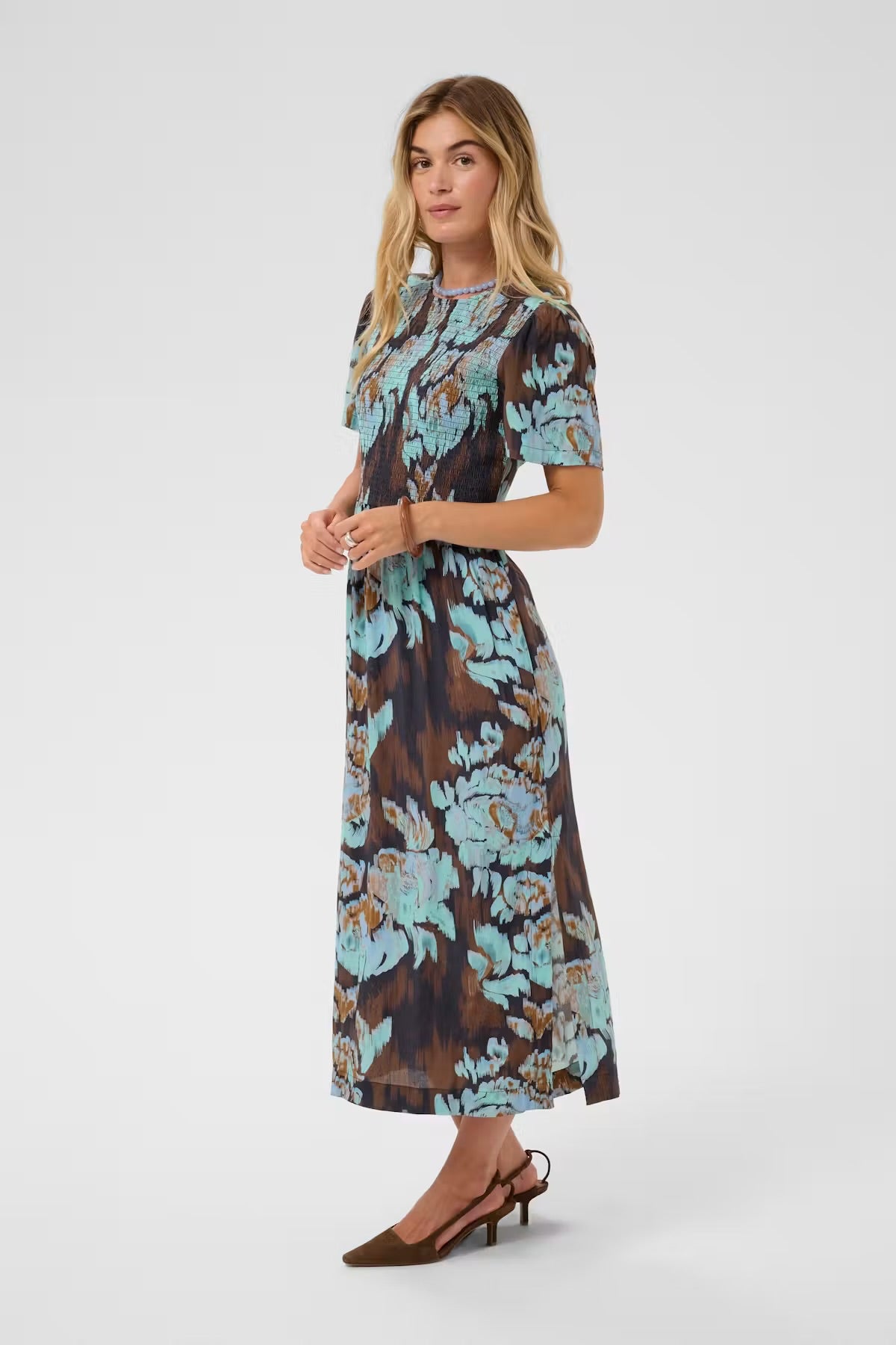Floral patterned dress in brown & blue multi