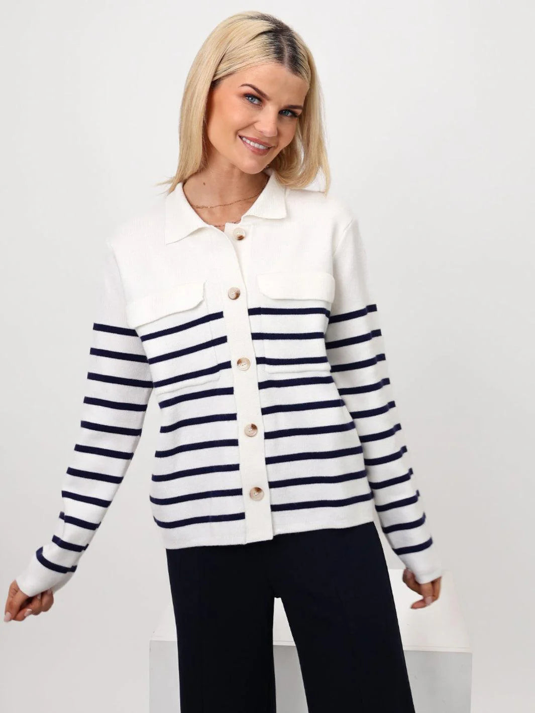 Kate & Pippa Dani Cardigan In White & Navy striped