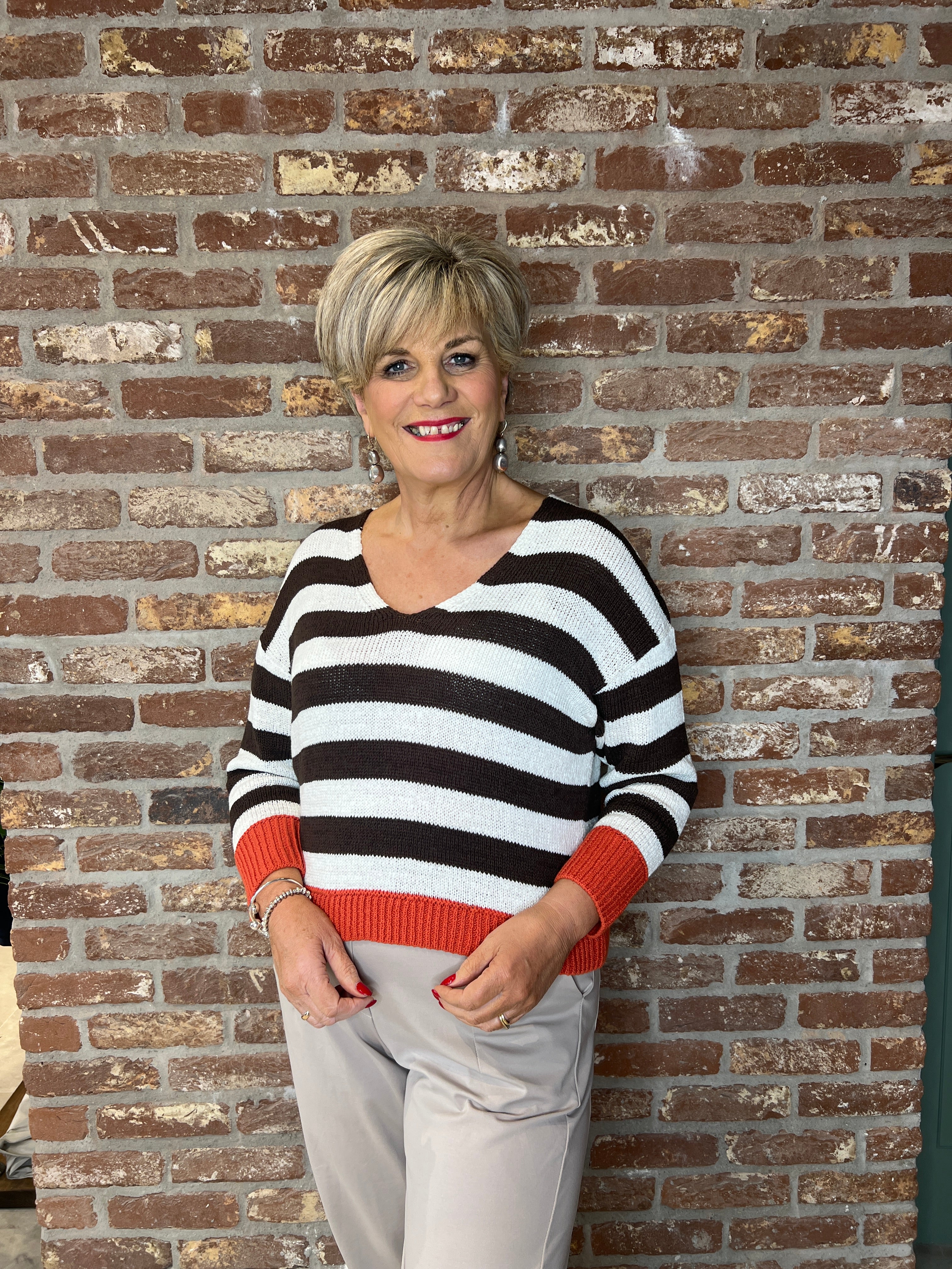 Oui Striped Pullover In White & Brown