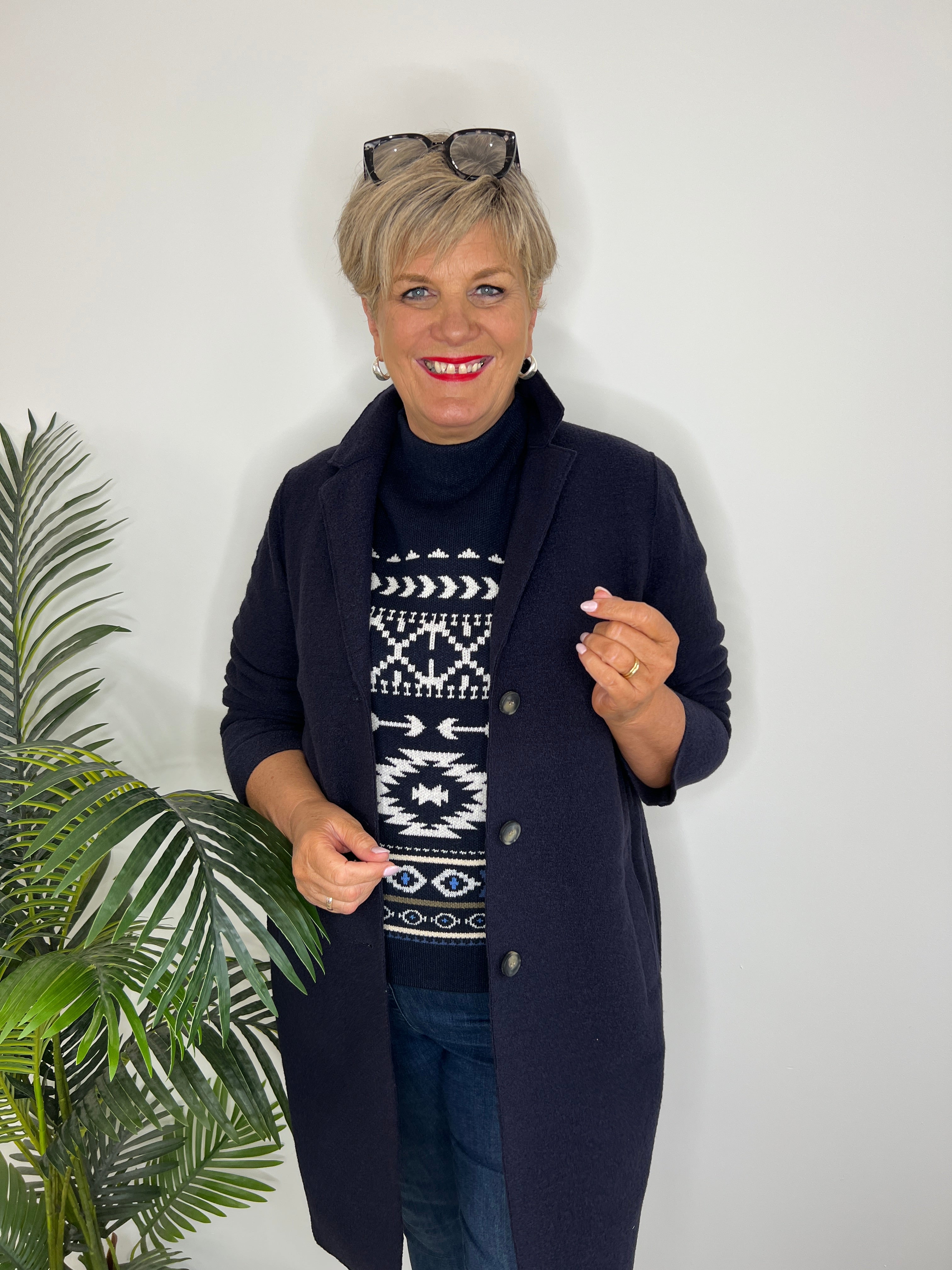 Oui Mayson Boiled Wool Coat In Dark Blue