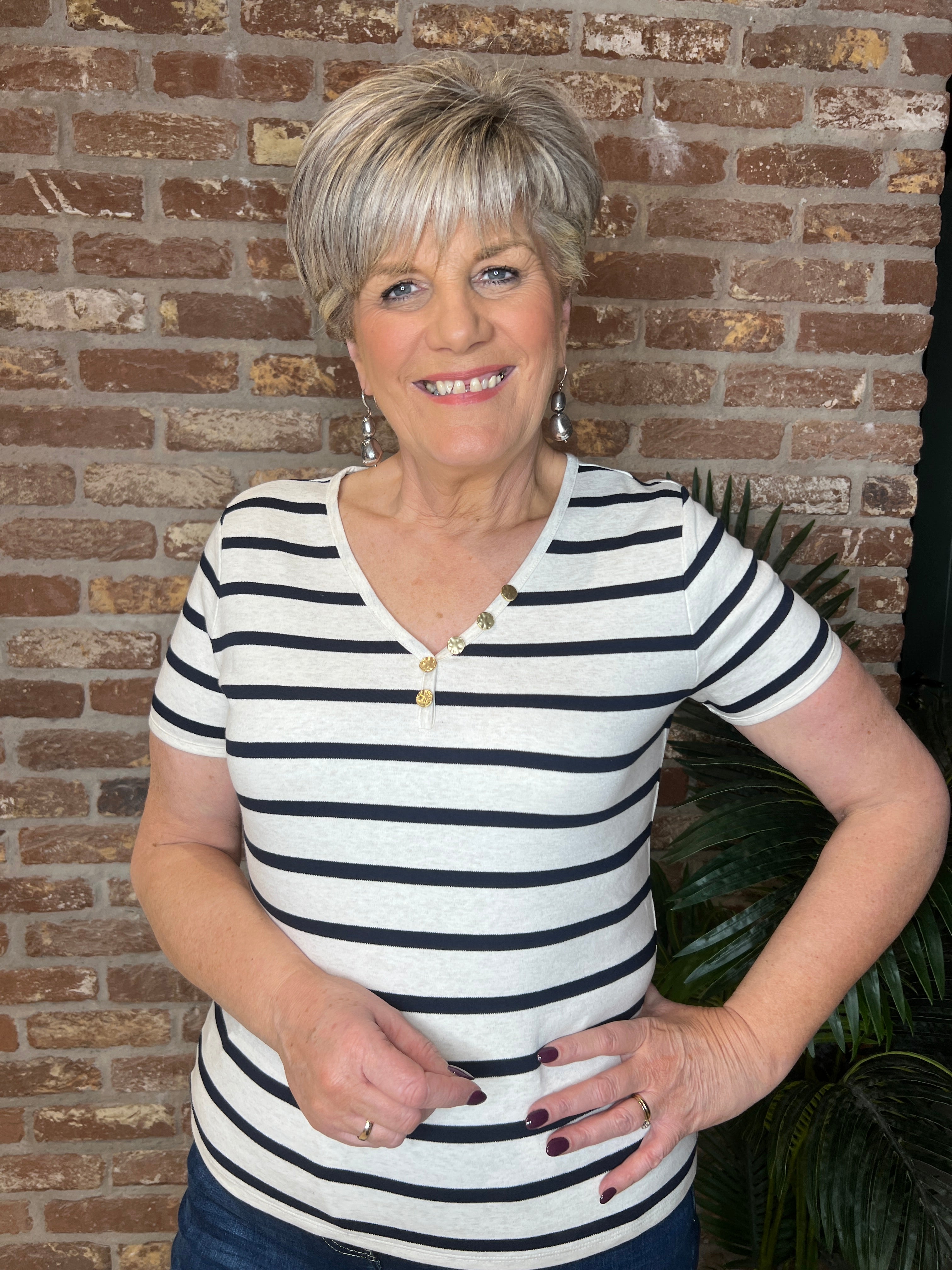 Oui Striped T-shirt In White & Navy