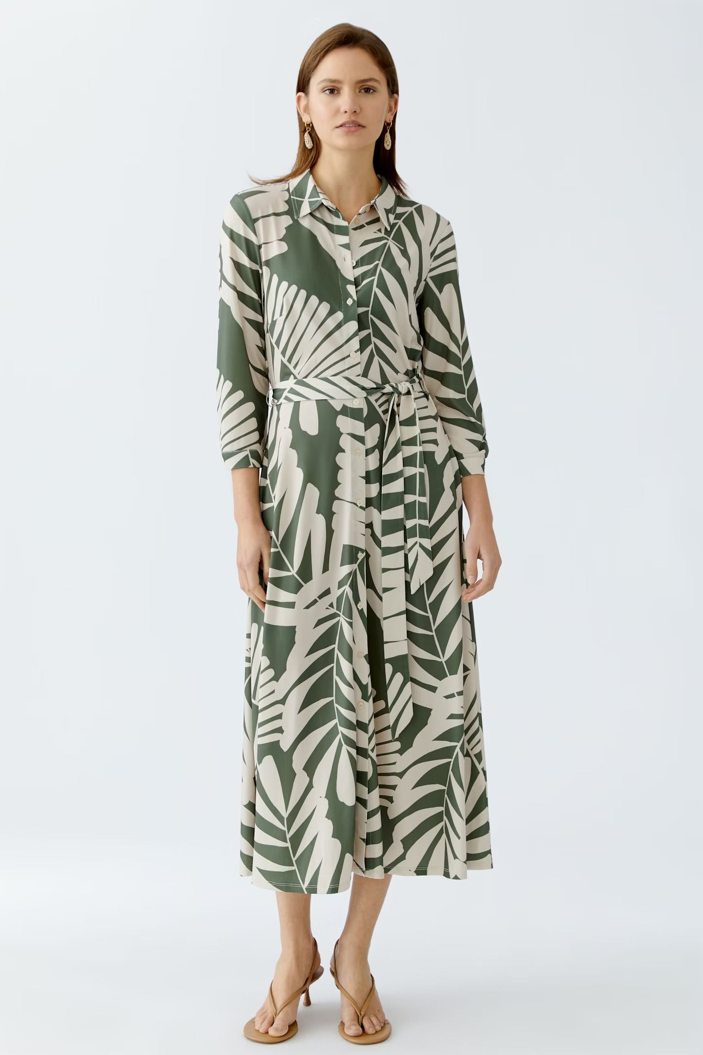 Oui Floral Shirt Dress In Khaki & Stone