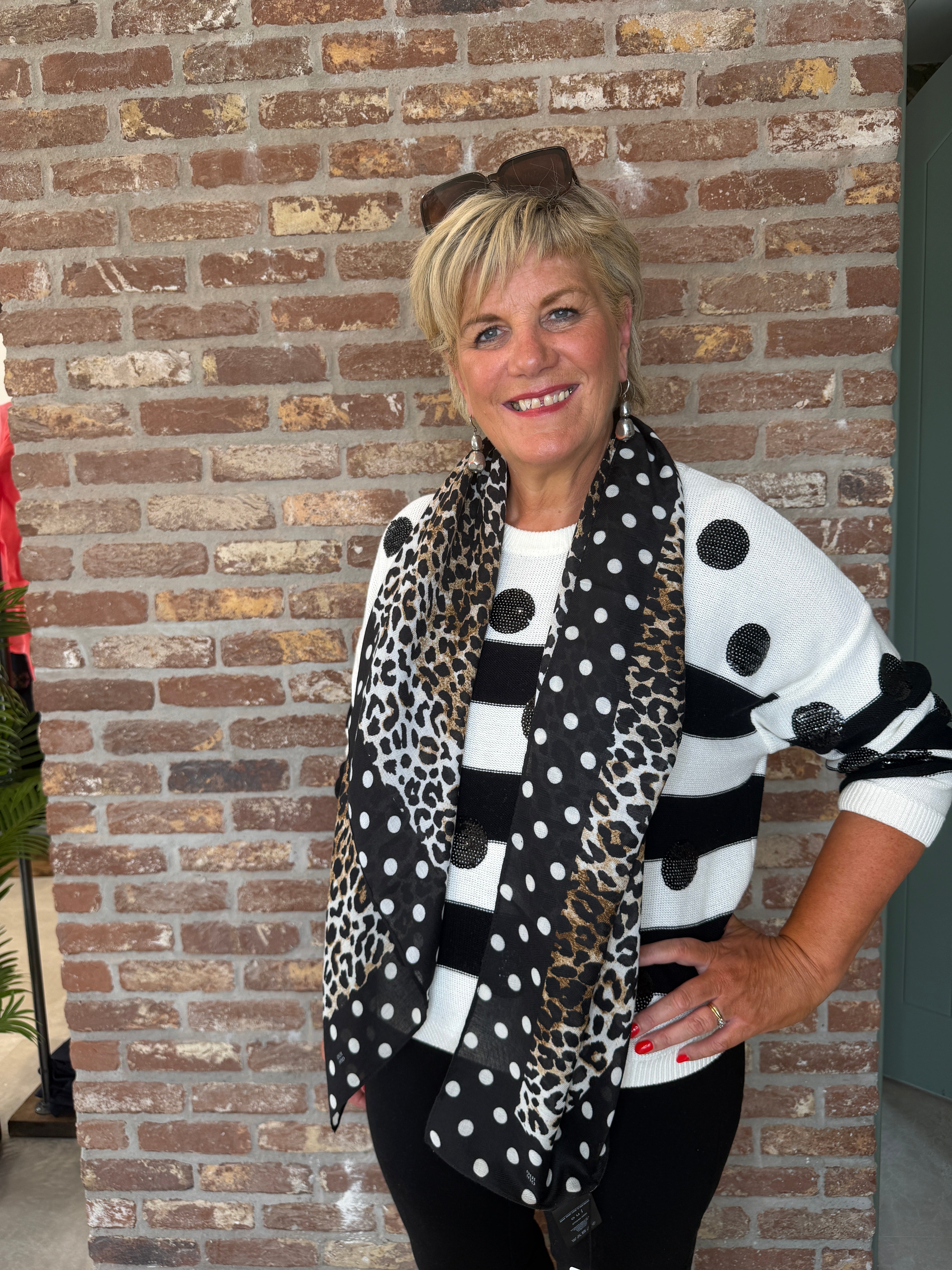 Oui leopard & dot print scarf in dark camel grey