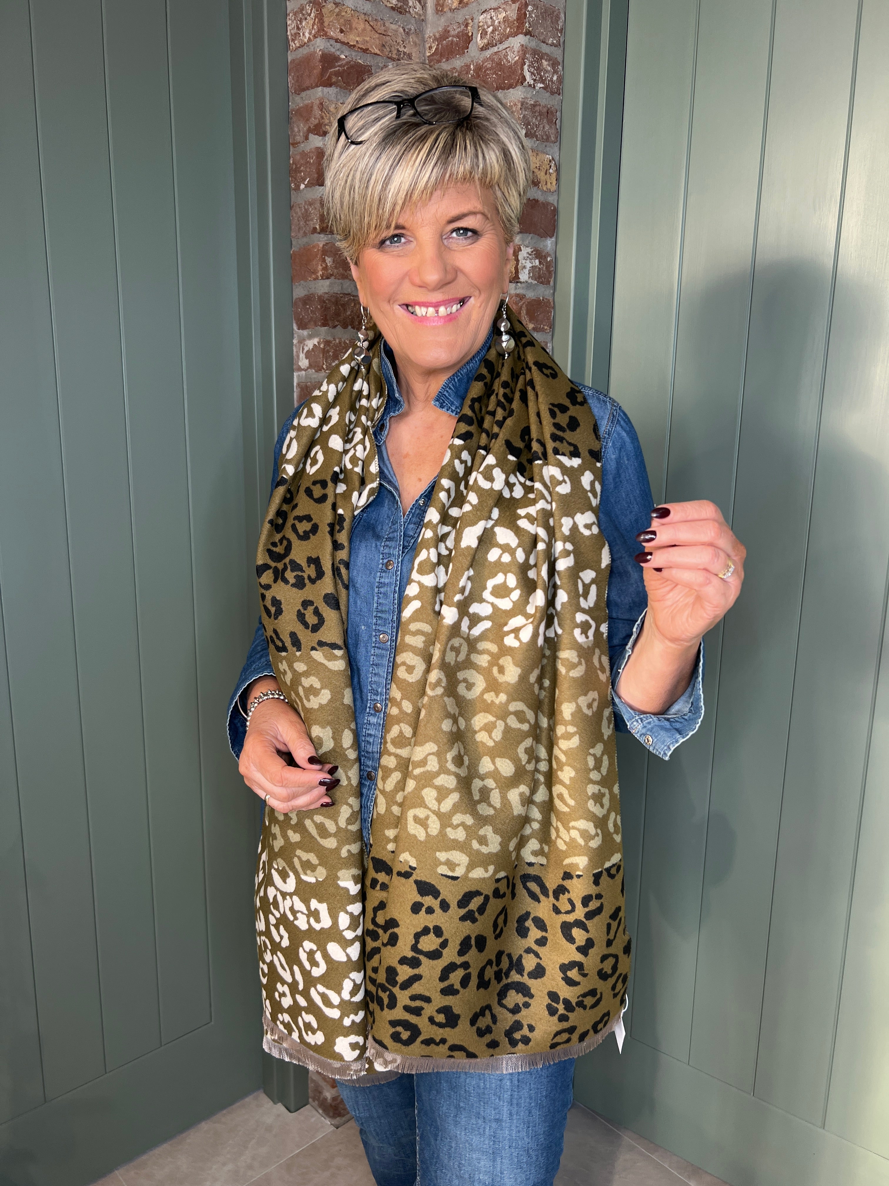 Sophie Leopard Print Scarf In Olive Multi