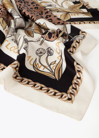Tigers & flowers square scarf in ecru & black