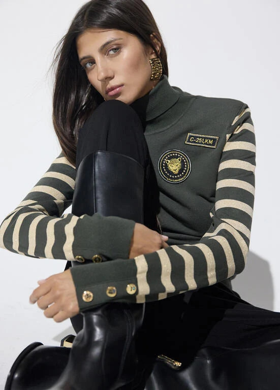 Military style striped jumper in khaki