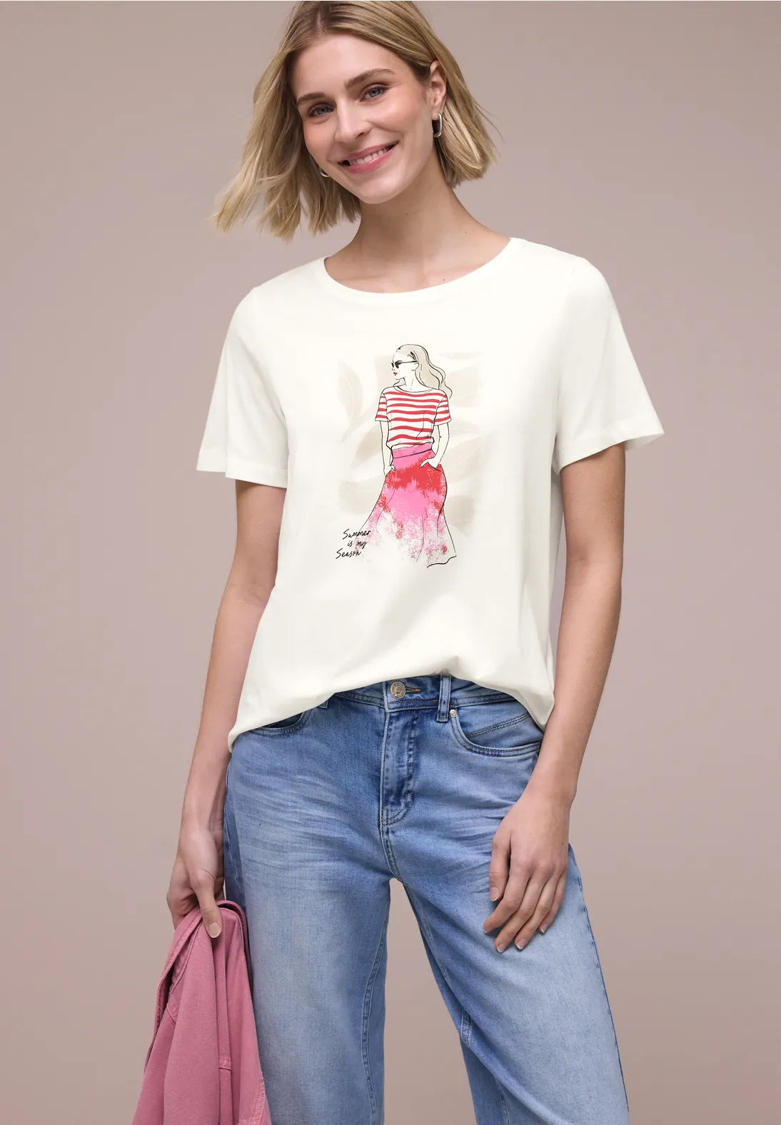 Street One Red lady print T-shirt In Off White