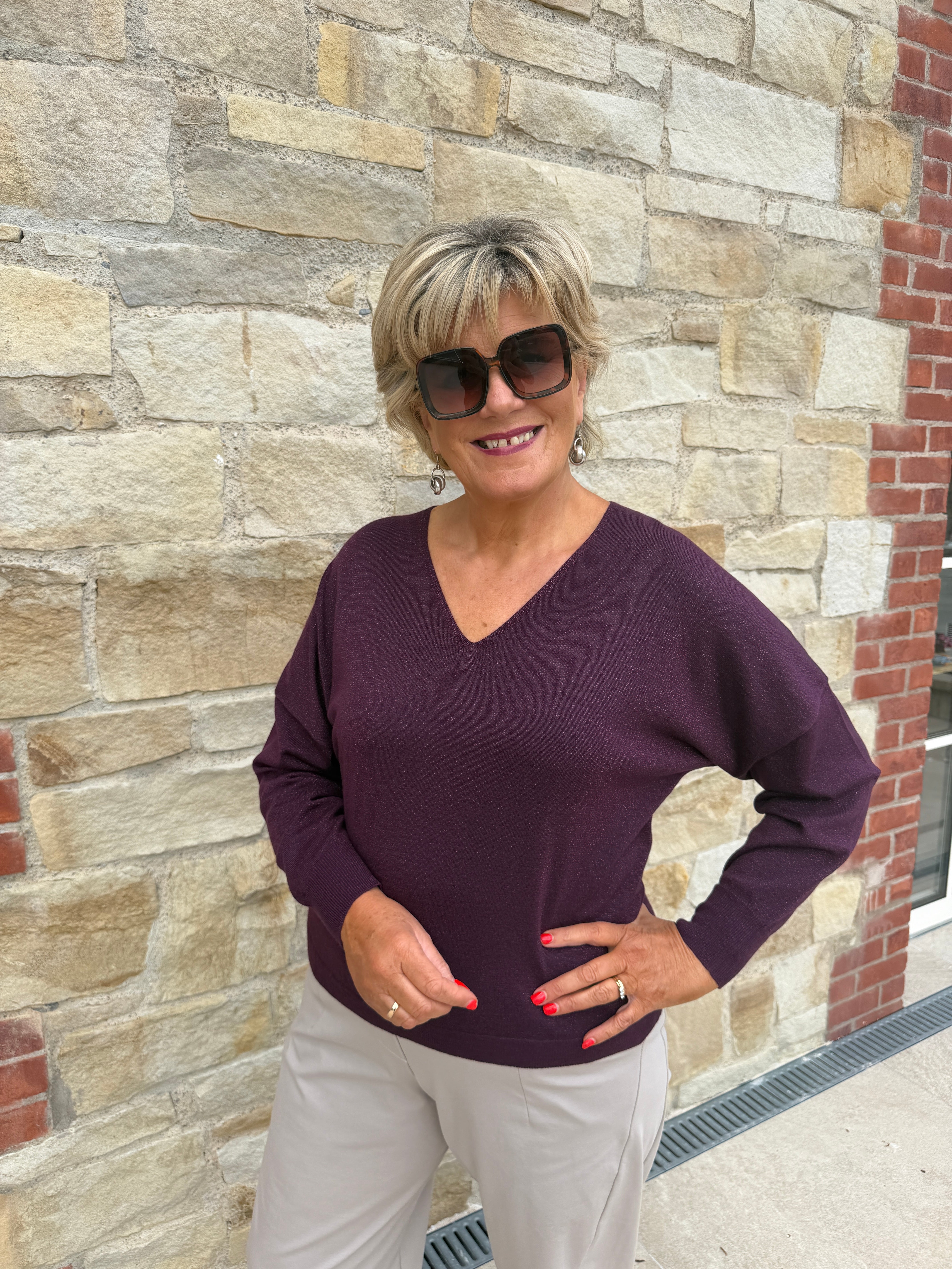 Nümph Lurex v-neck polo in fig