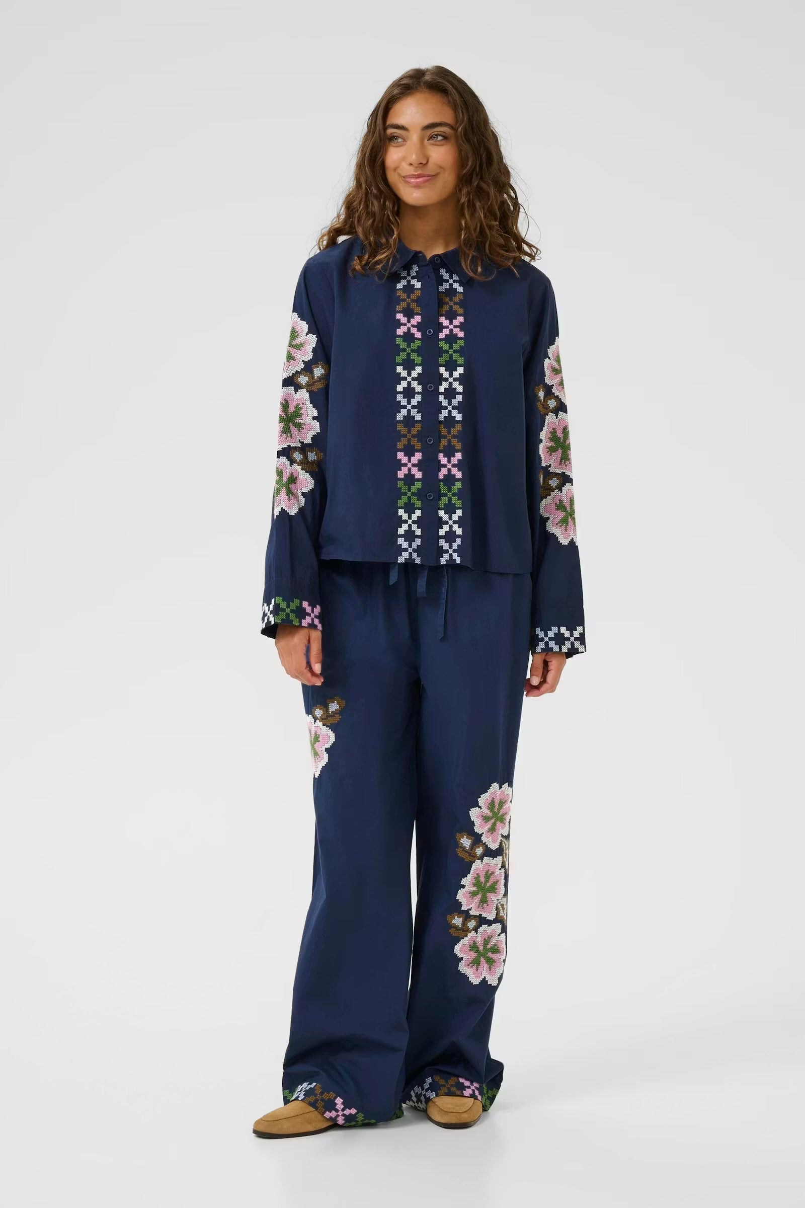 Culture Embroidery Shirt Dress Blues