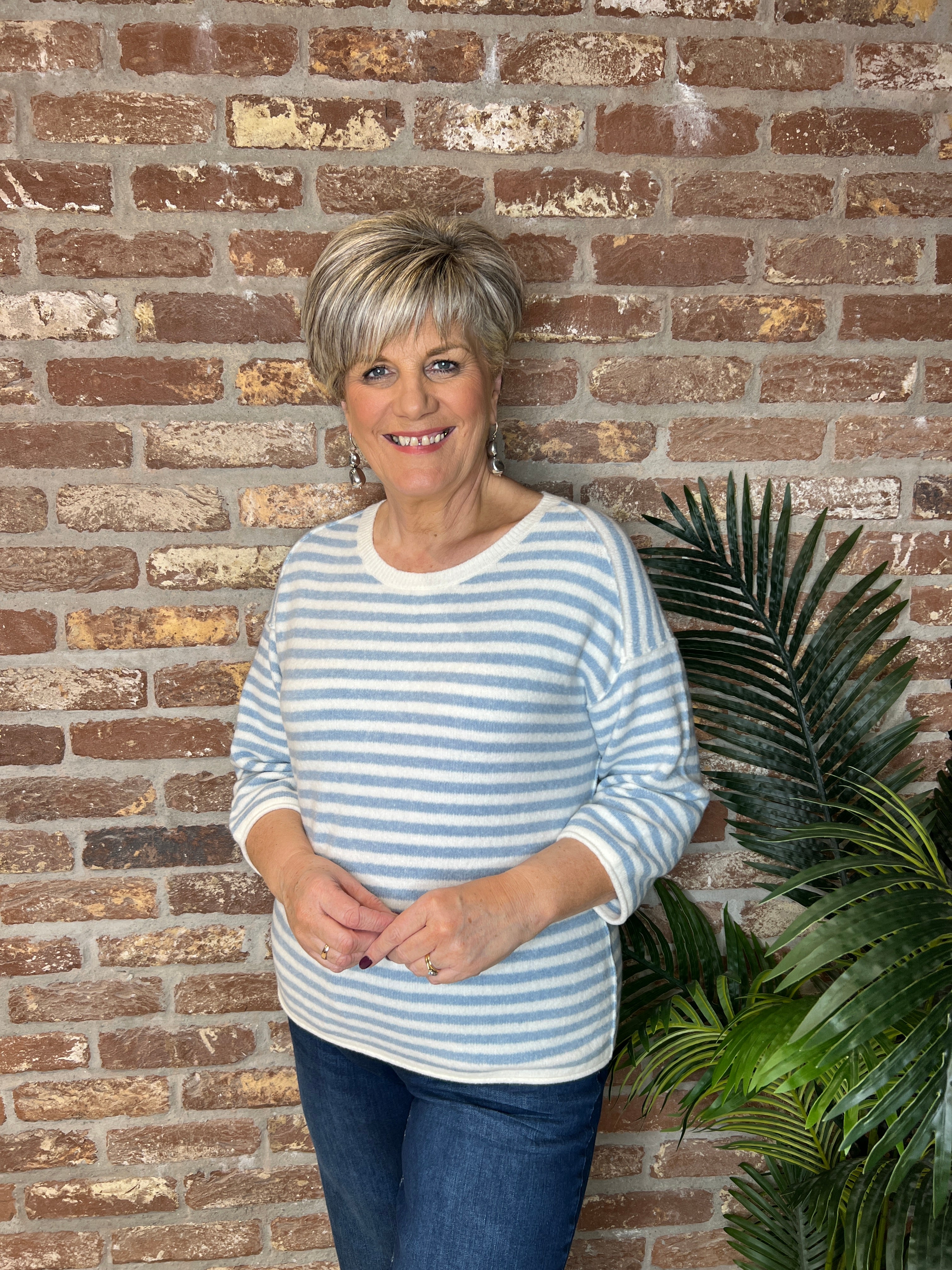 Oui Striped Pullover In White & Blue