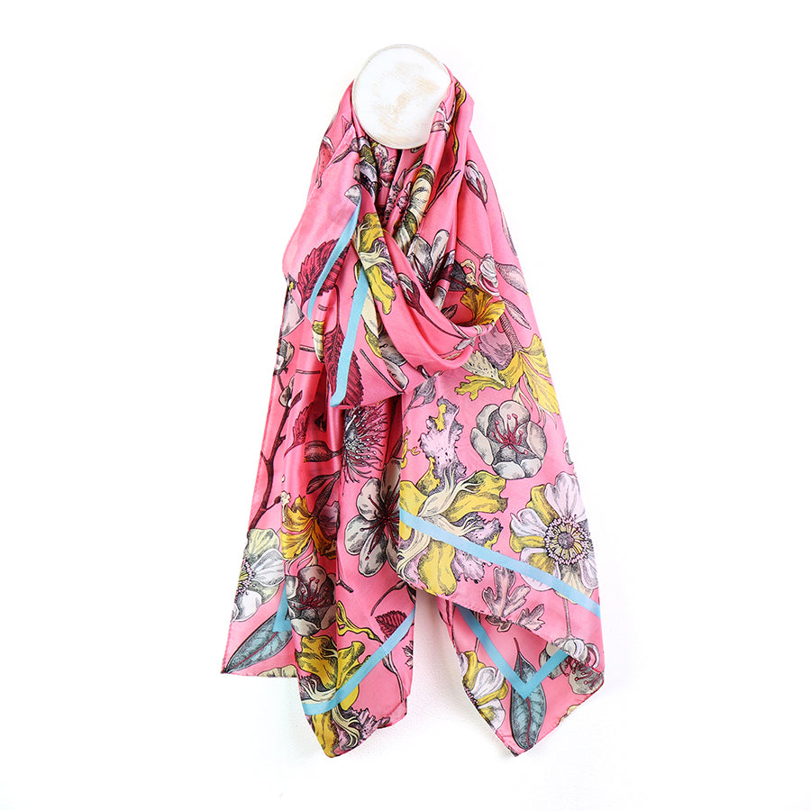 Pom Botanical Print Silky Scarf In Pink
