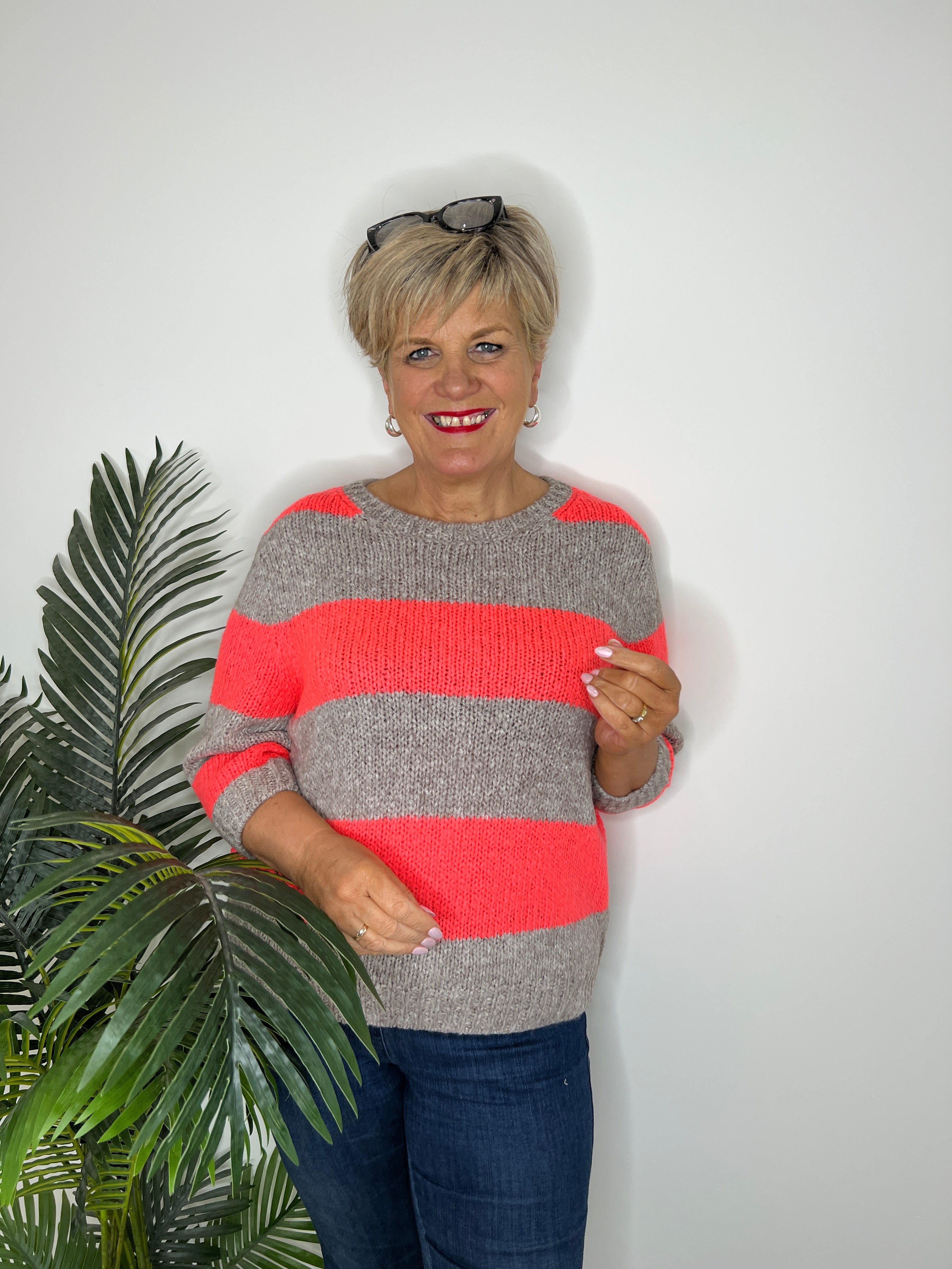 Oui Esmy Striped Pullover In Brown Rose
