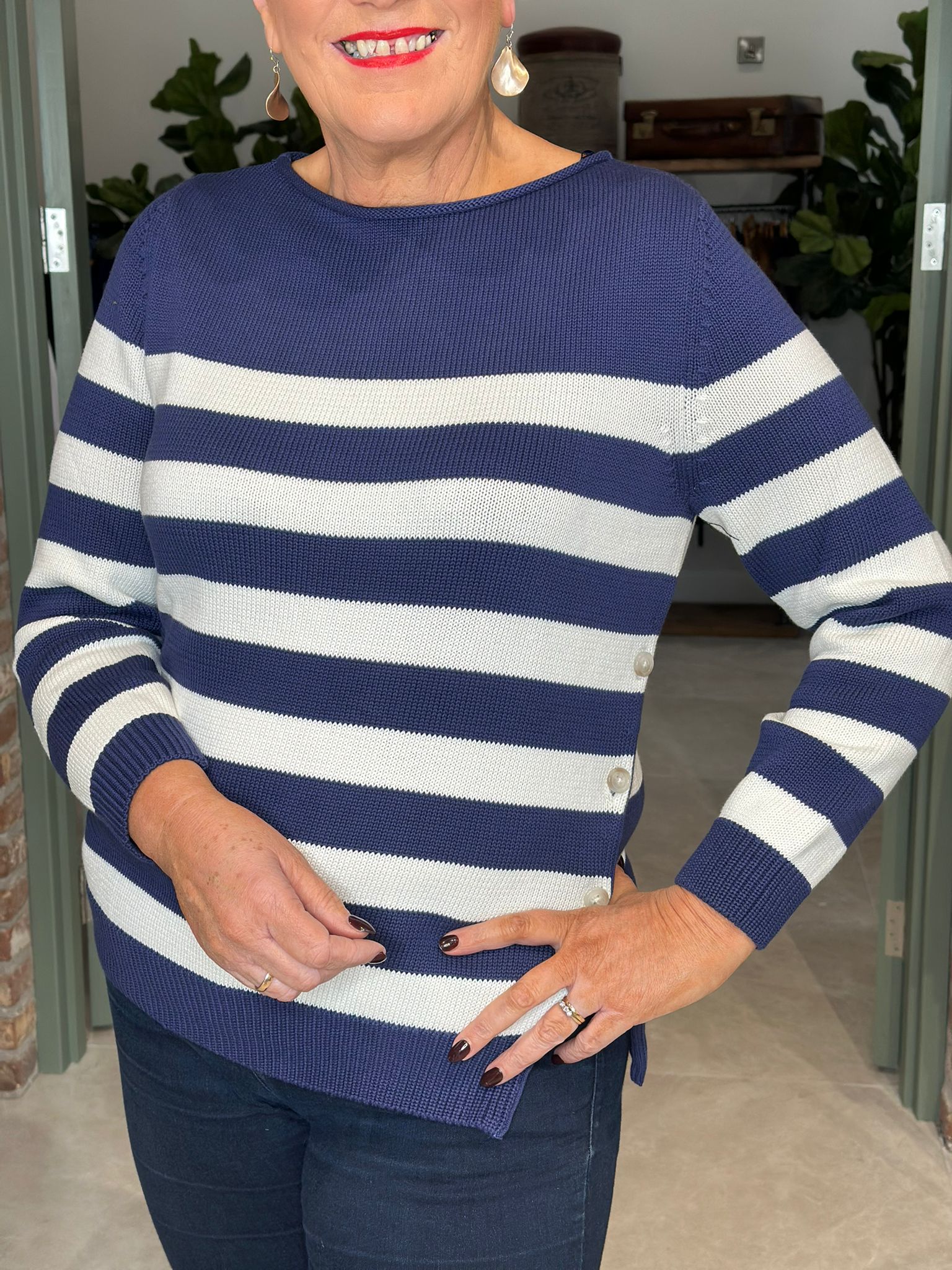 Oui Pullover With Stripes In Off White & Blue