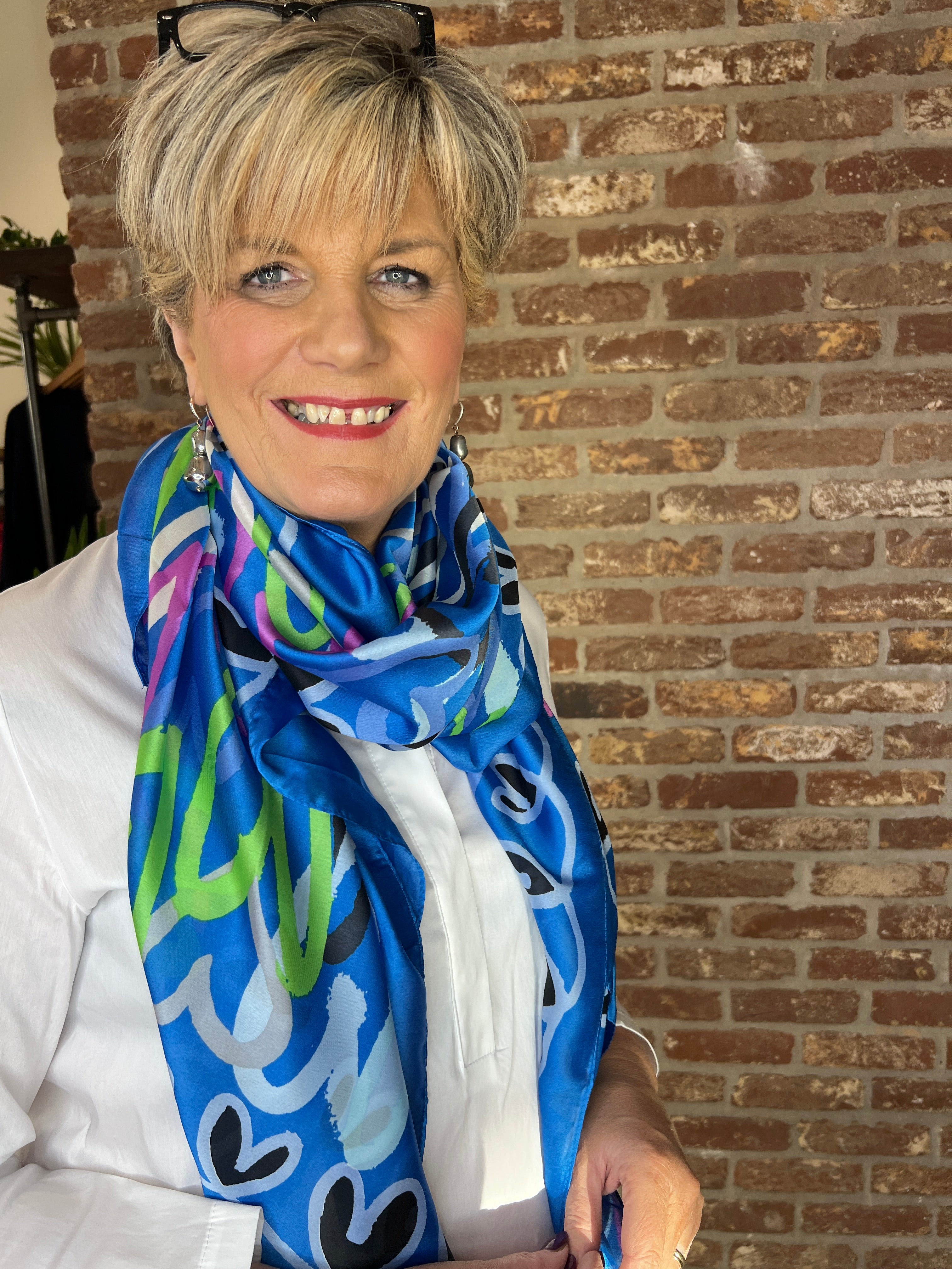 Pipa Heart Silk Scarf In Blue Multi