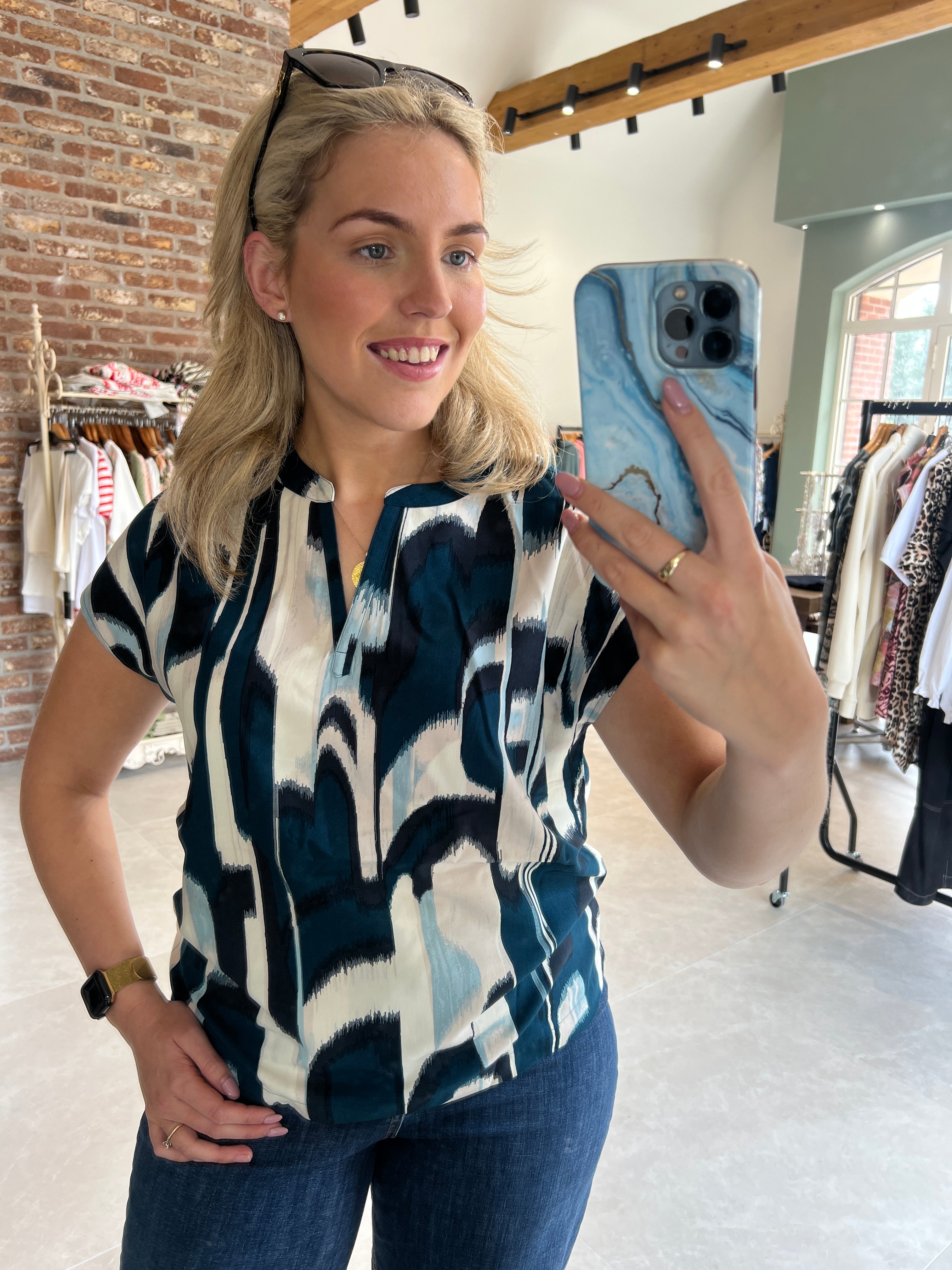 Street One Patterned Blouse In Tide Blue