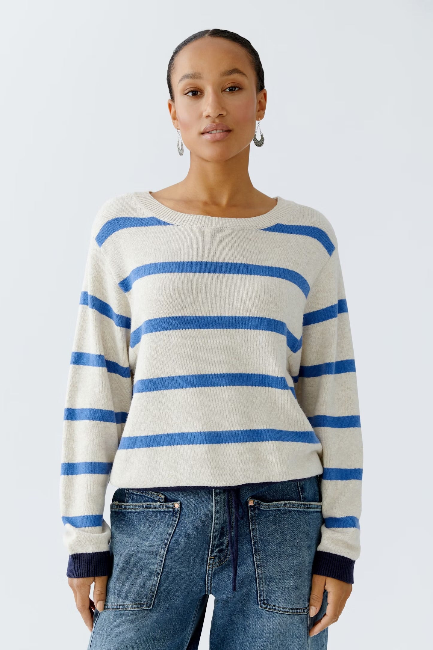 Oui Stripe Pullover In Off White & Blue