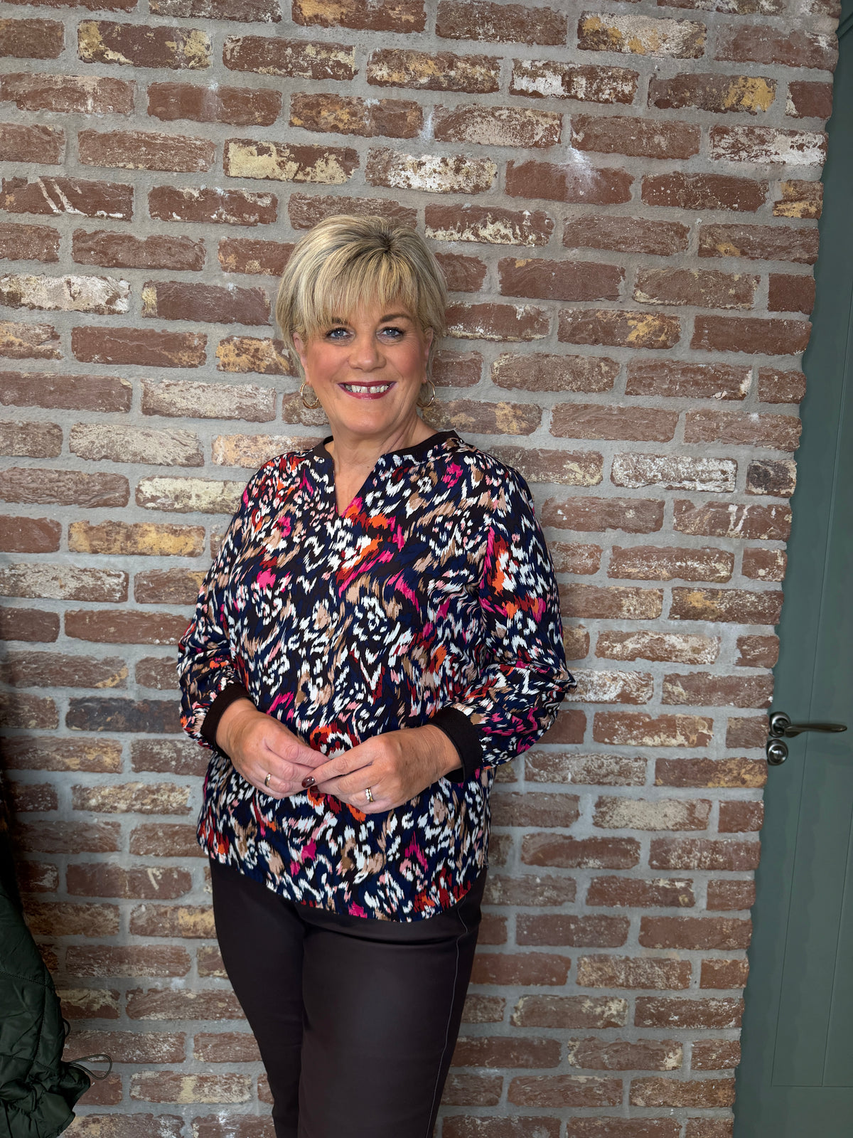 Split neck patterned blouse in truffle brown