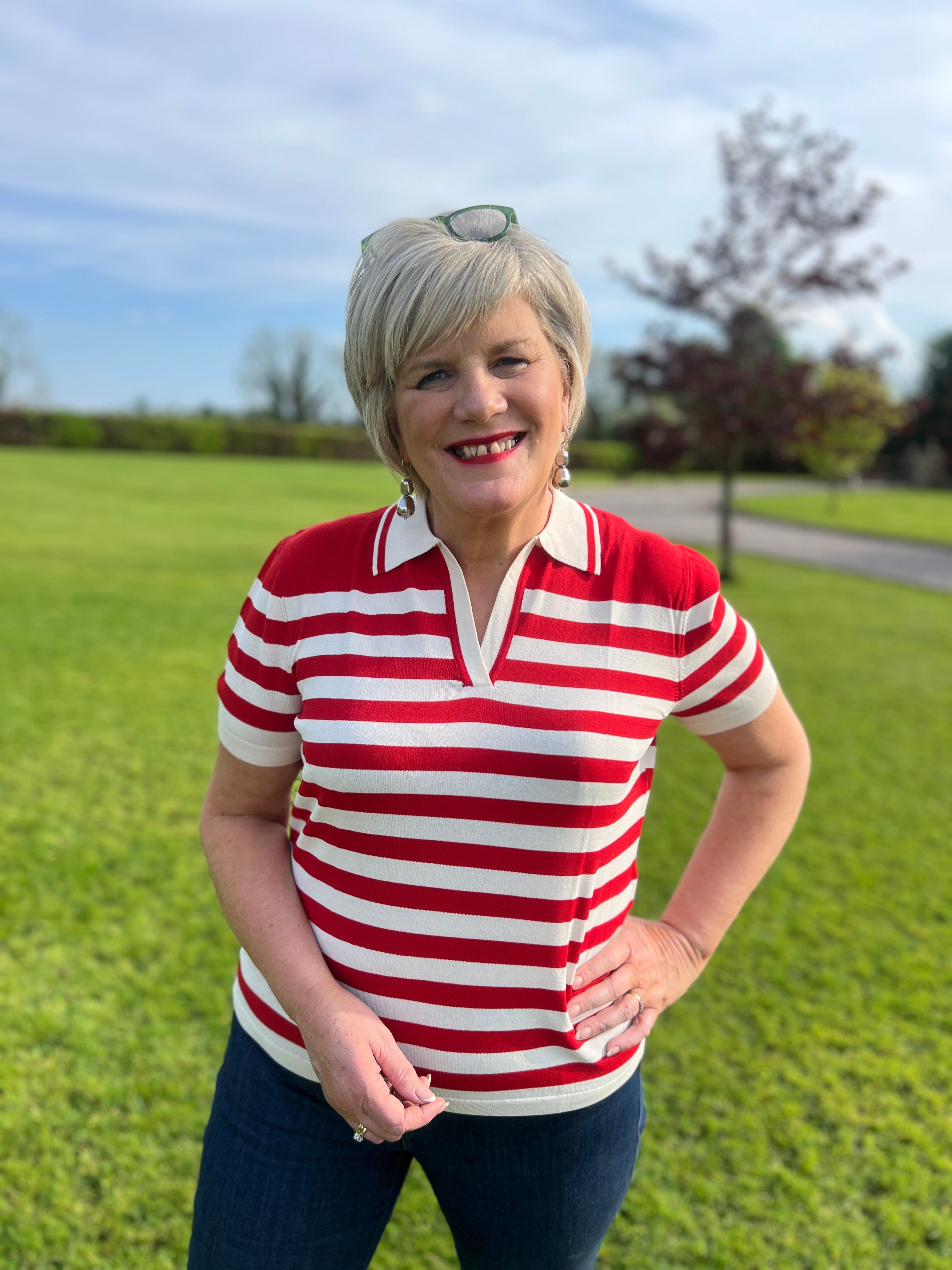 Monari Striped Polo Top In Red Multi