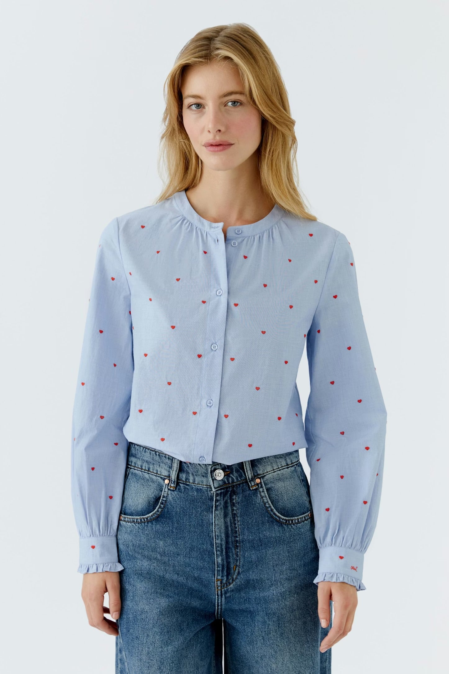 Oui Little Hearts Blouse In Dark Blue & Red