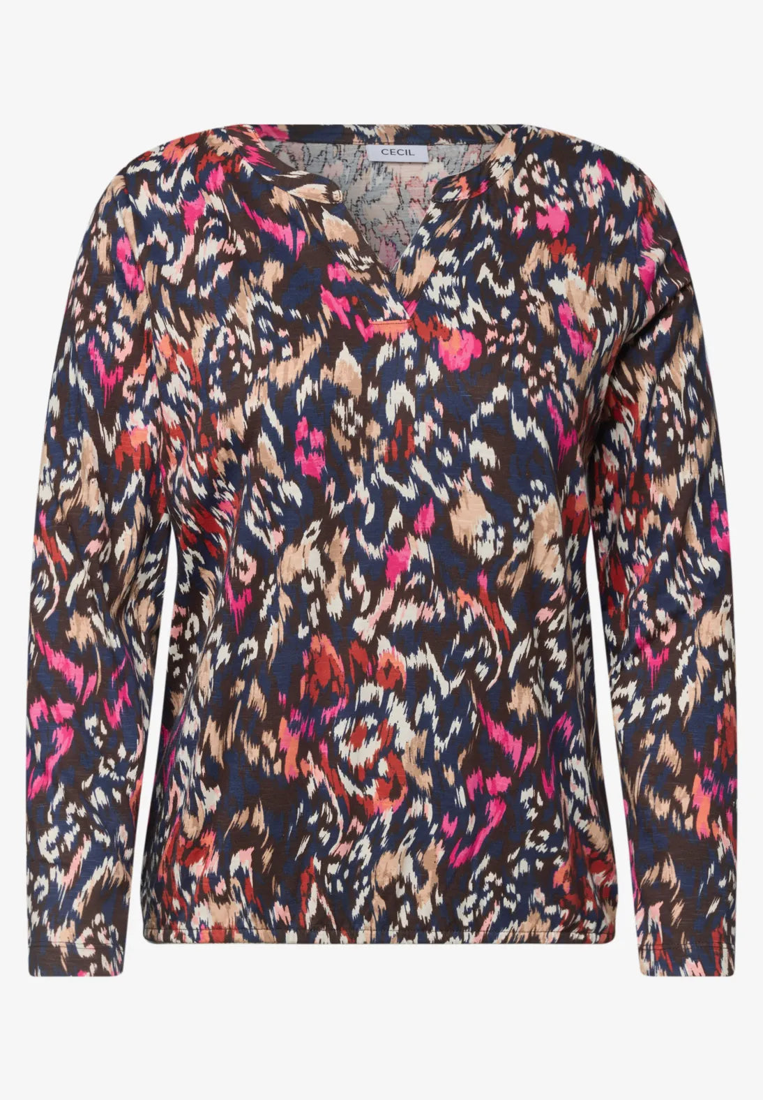 Split neck patterned top in truffle brown