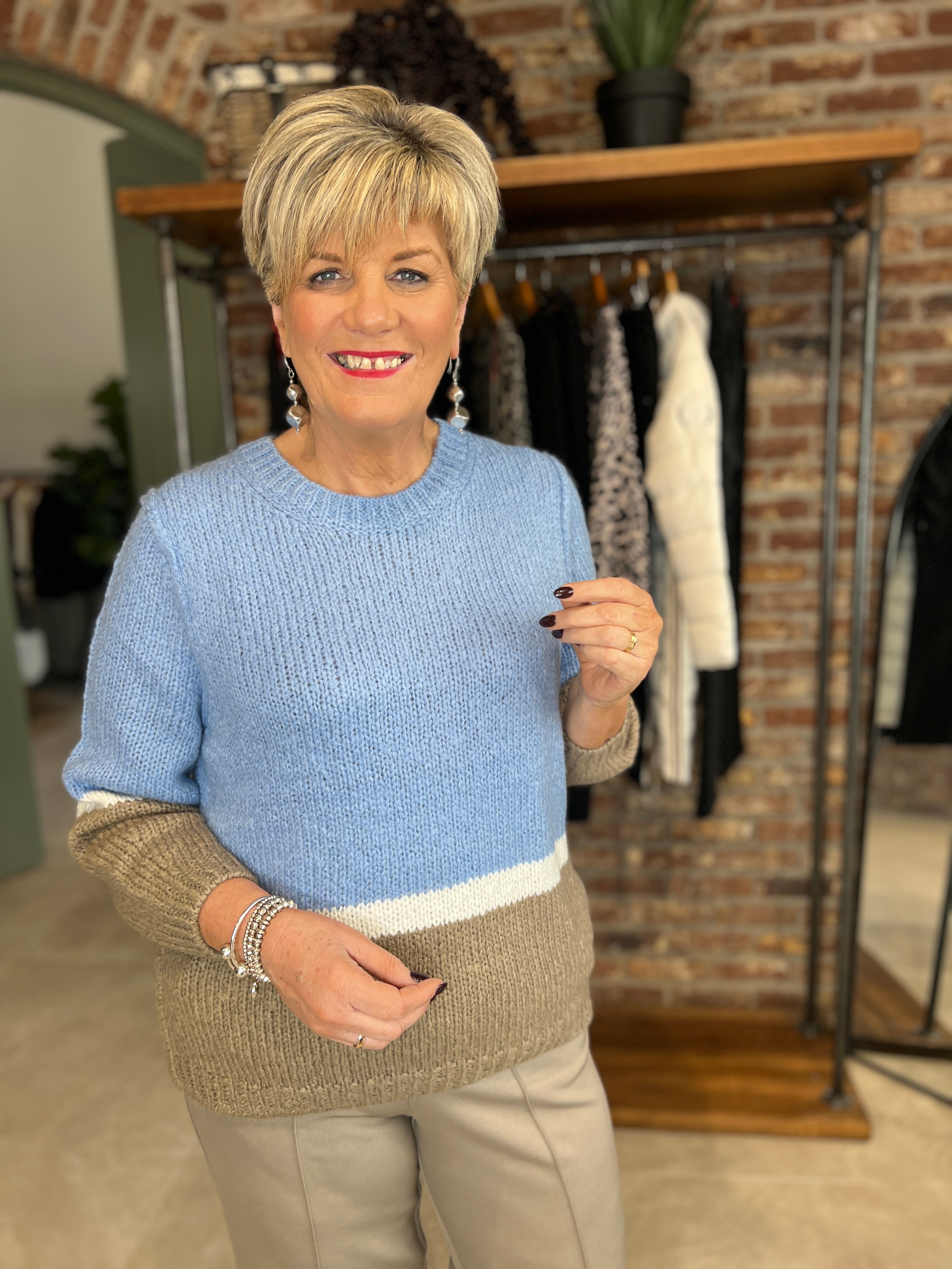 Oui Block Striped Pullover In Blue & Green