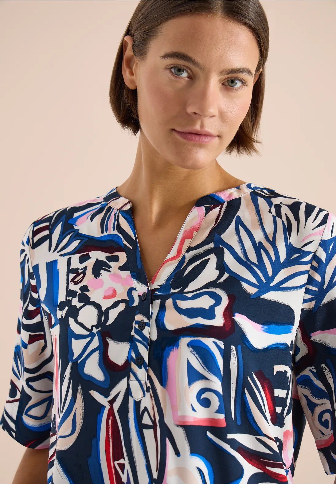 Cecil split neck print blouse In Universal Blue