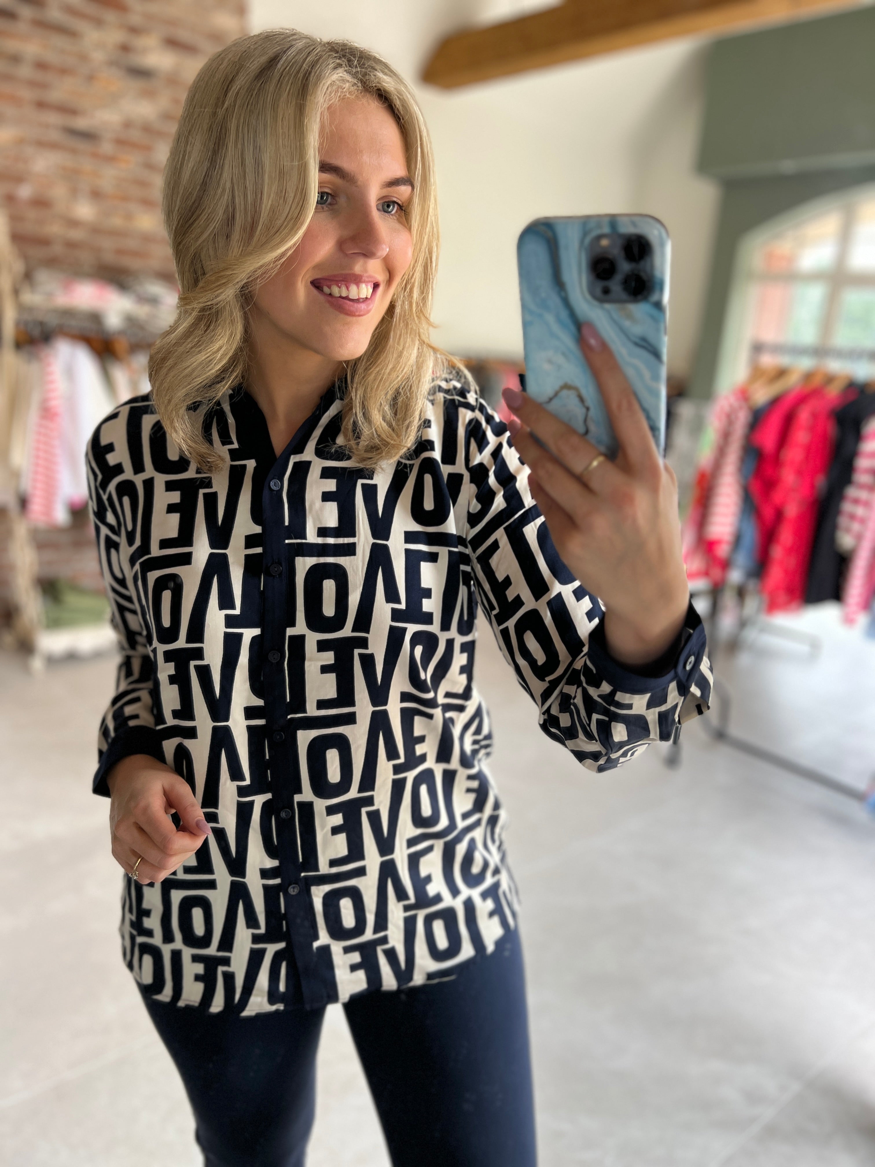 Milano Italy Love Print Shirt In Navy Multi