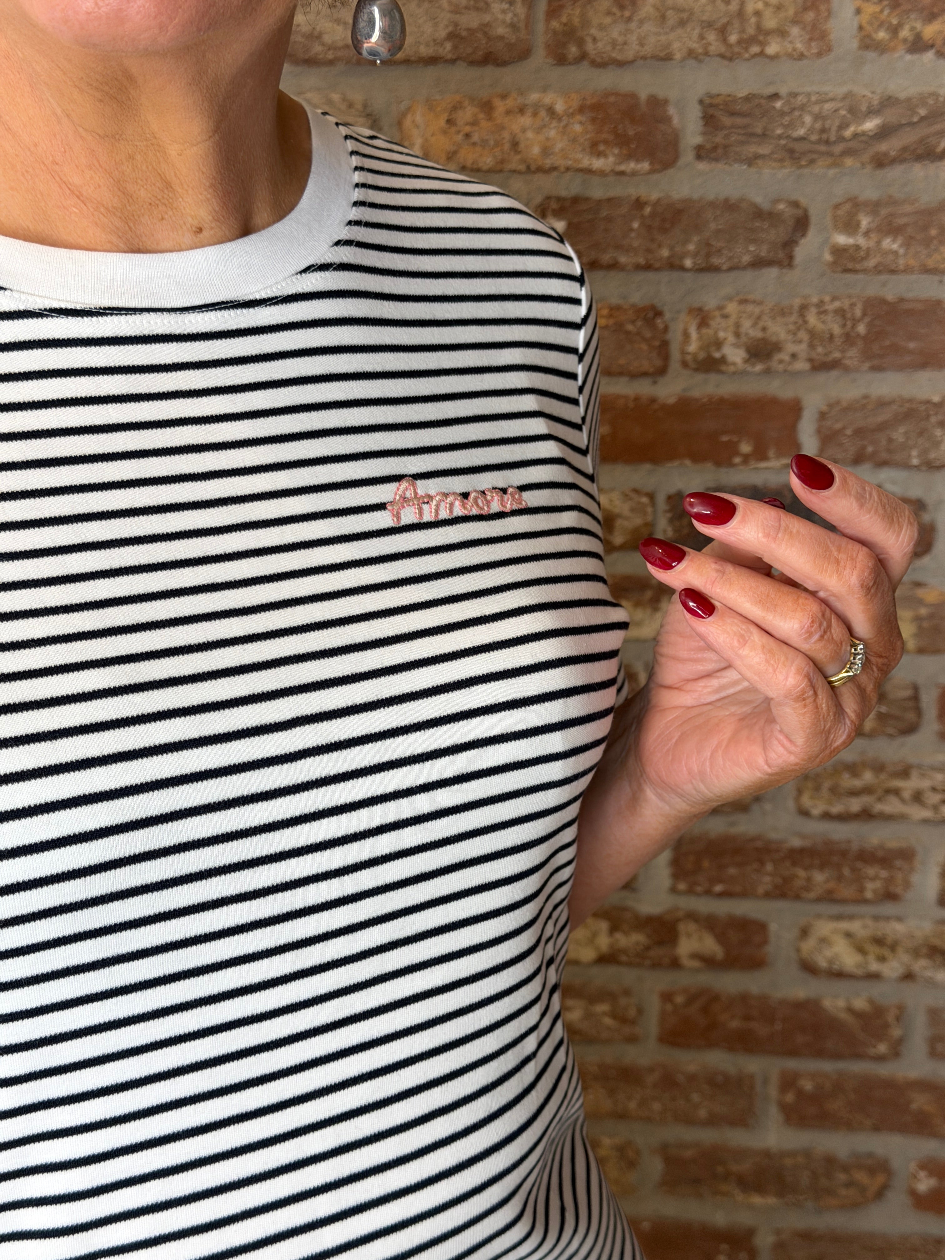 Oui Striped Amore T-shirt White & Navy