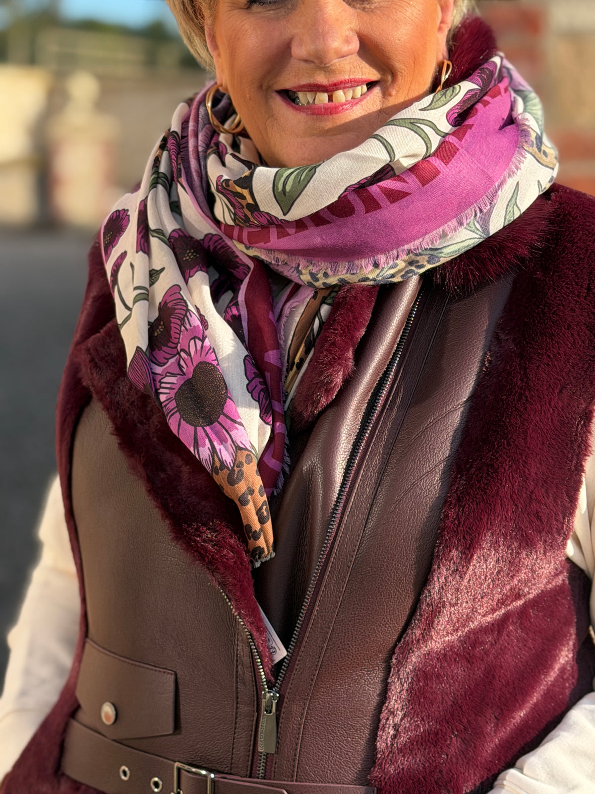 Tigers & flowers scarf in pink/ecru multi