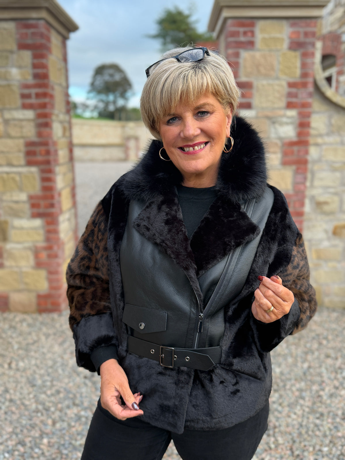 faux fur contrasting coat in black & brown