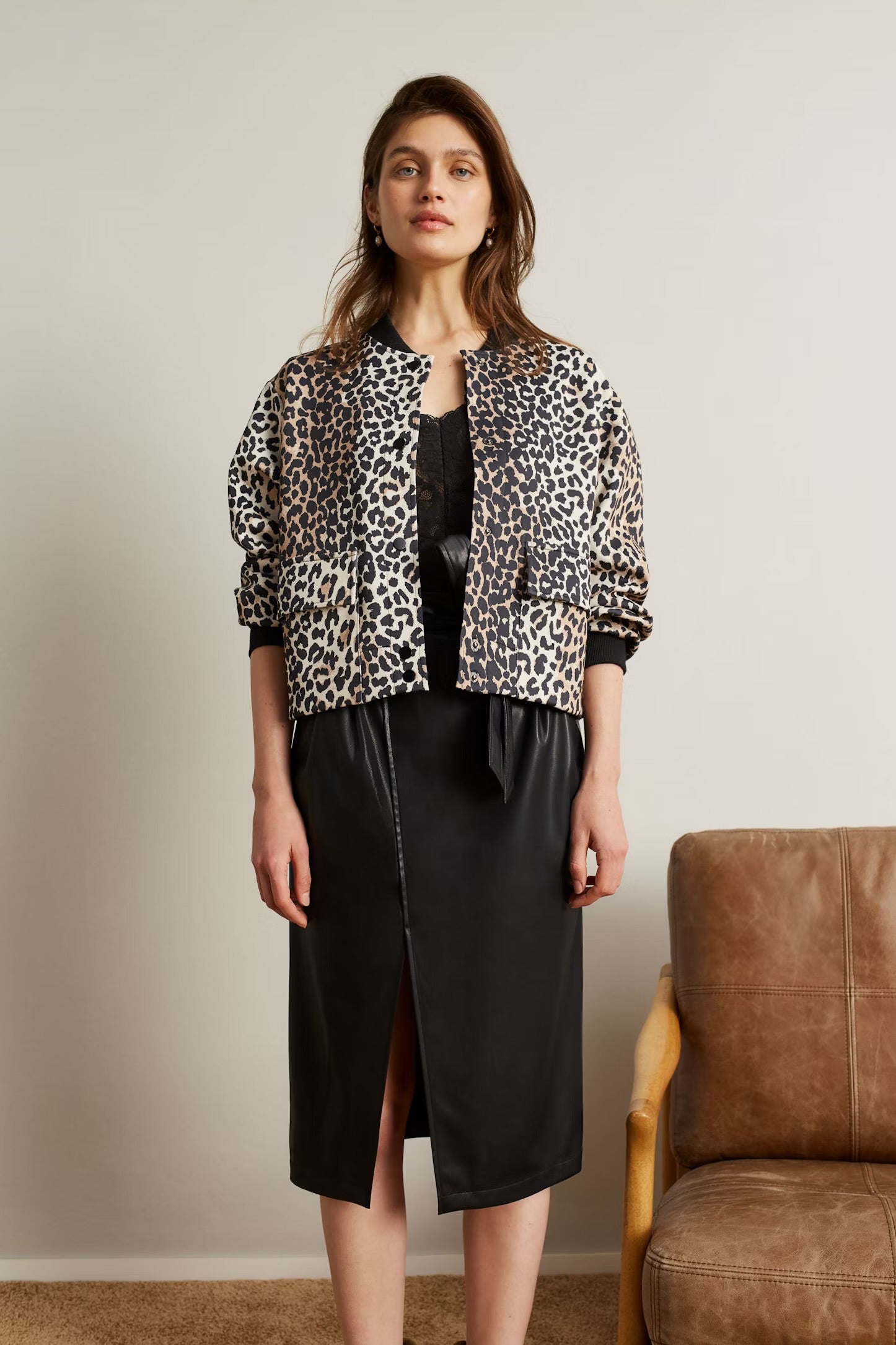 Oui Leo Print Jacket In Dark Camel & Black