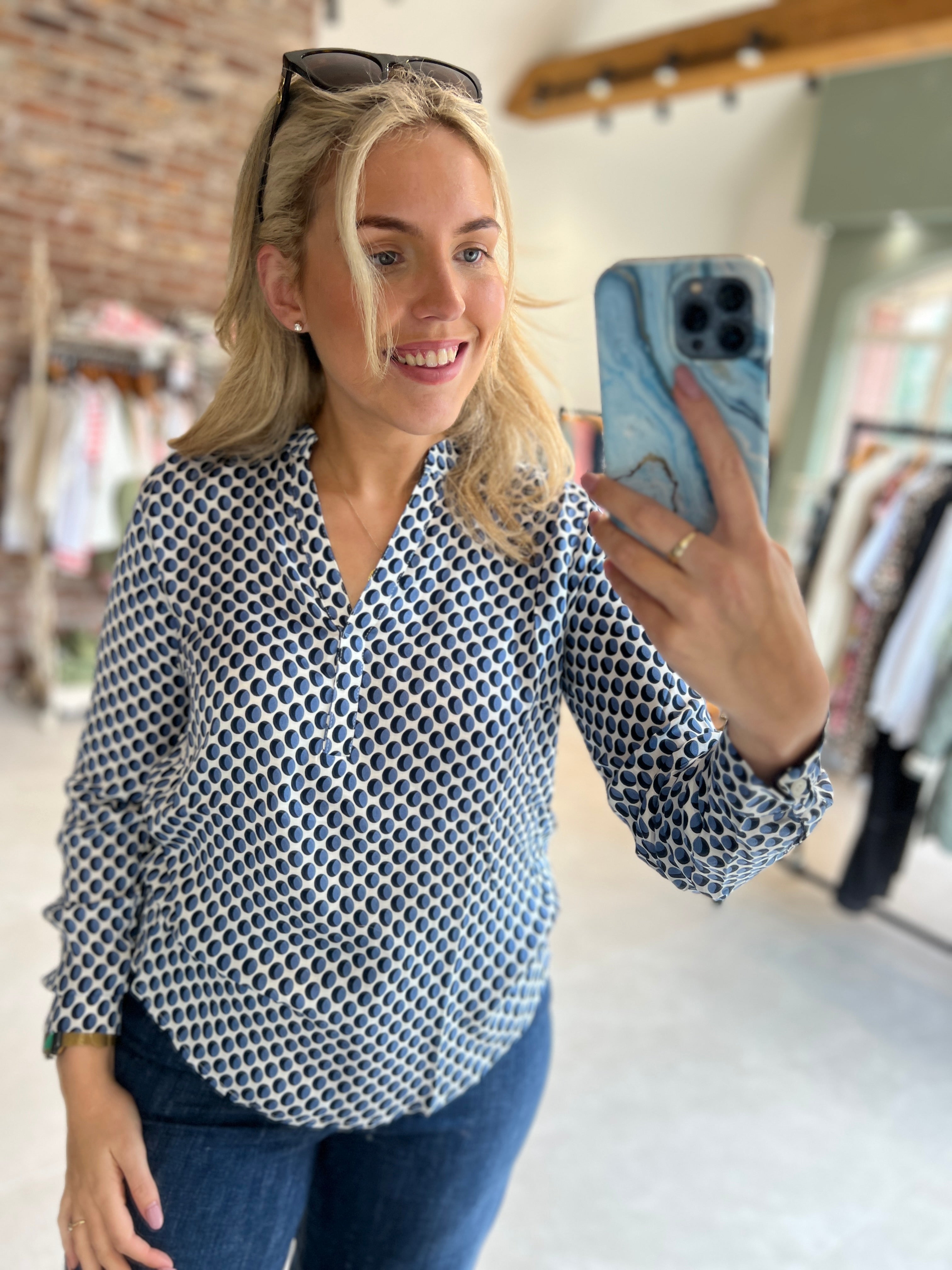 More & More Threetone Print Blouse In Blue