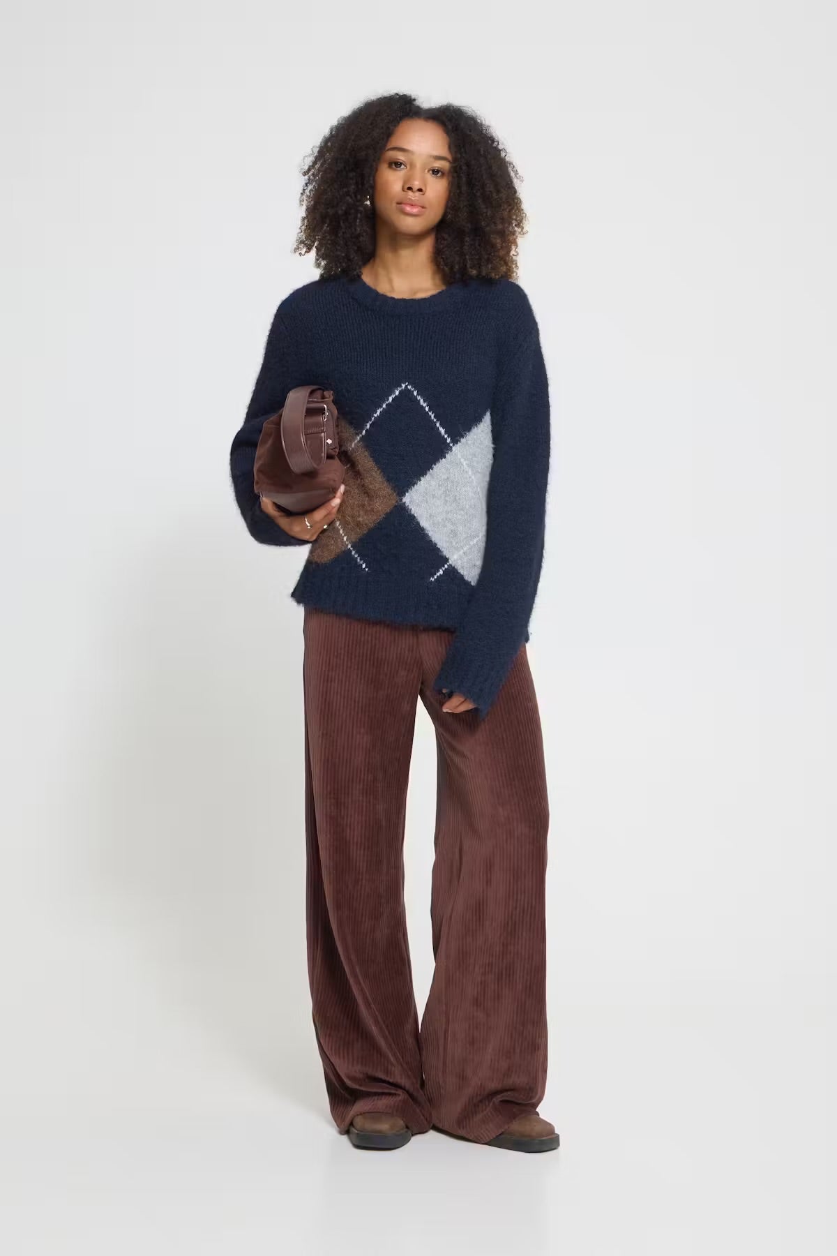 Diamond print pullover in Blue & Brown
