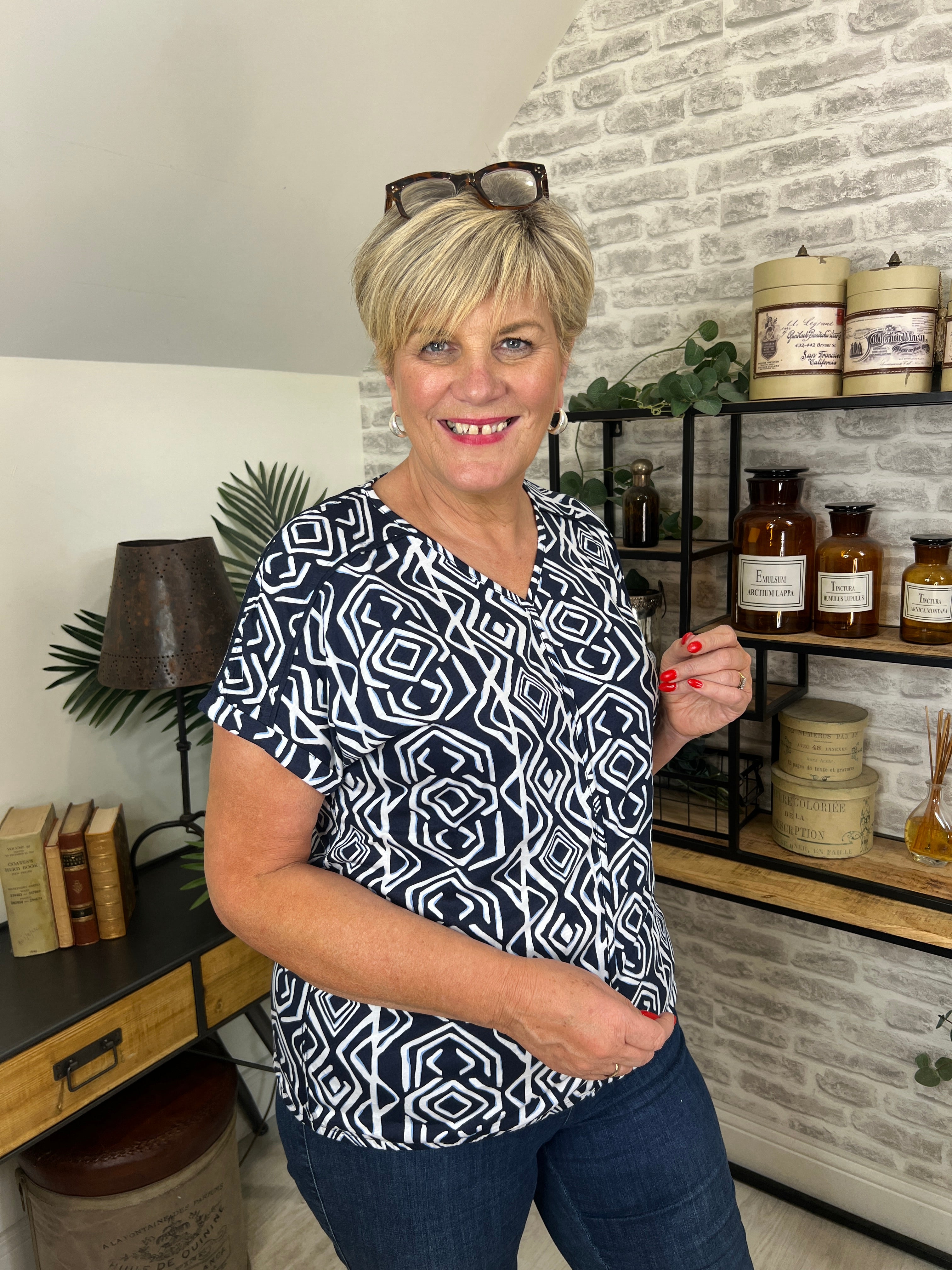 Cecil Giraffe Print Top In Universal Blue
