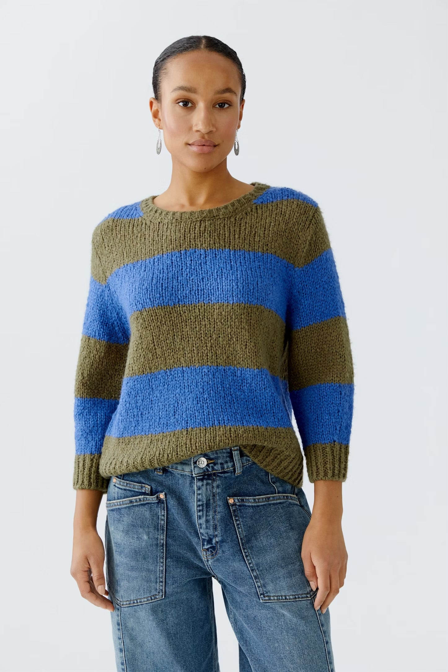 Oui Esmy Striped Pullover In Khaki & Blue