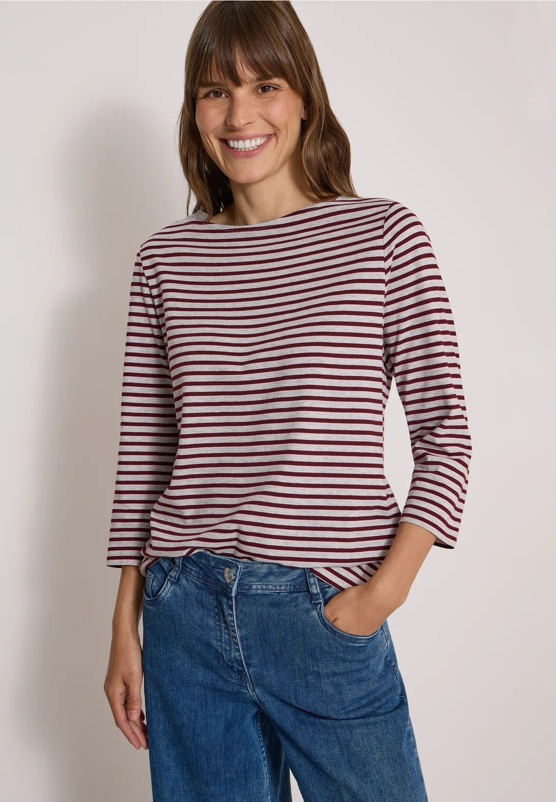 Striped boat neck top in light grey melange