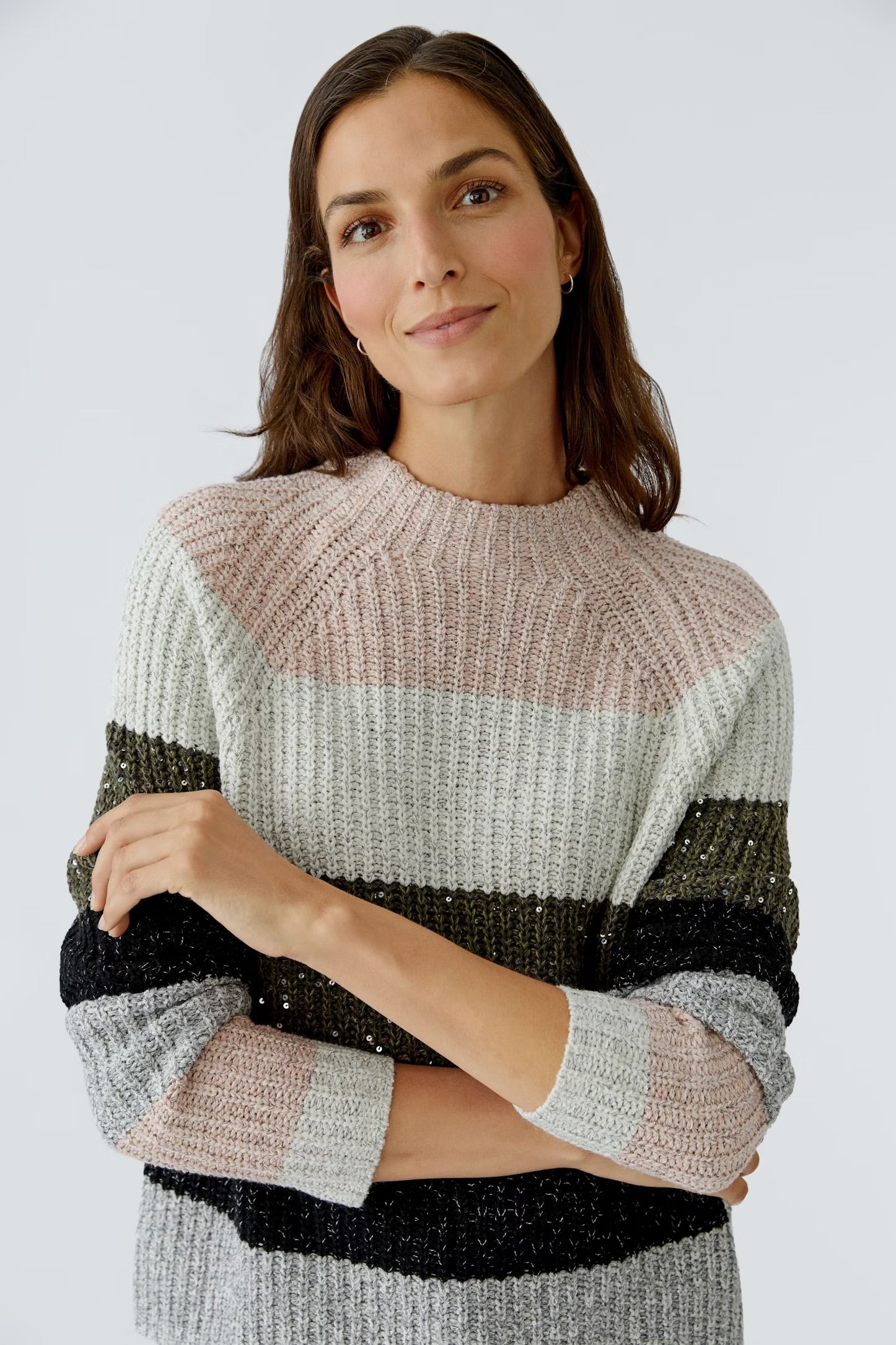 Oui Block Striped Pullover In Khaki Rose
