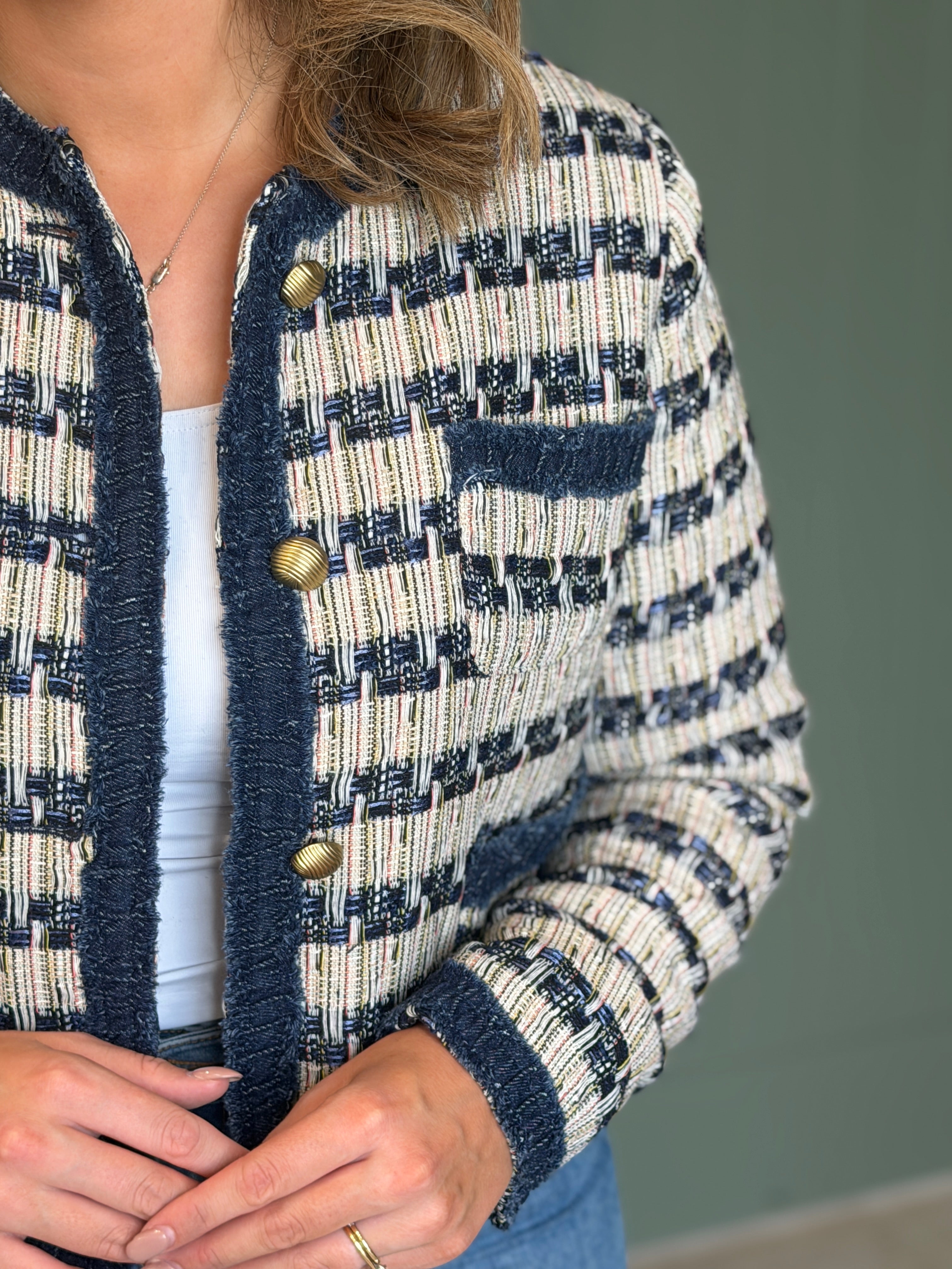 Patterned short jacket in Navy multi