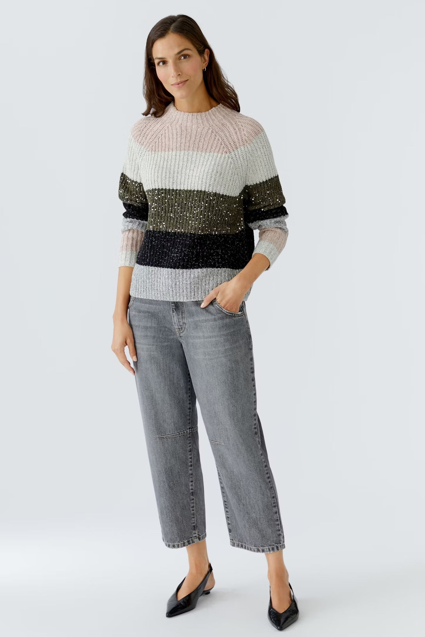 Oui Block Striped Pullover In Khaki Rose