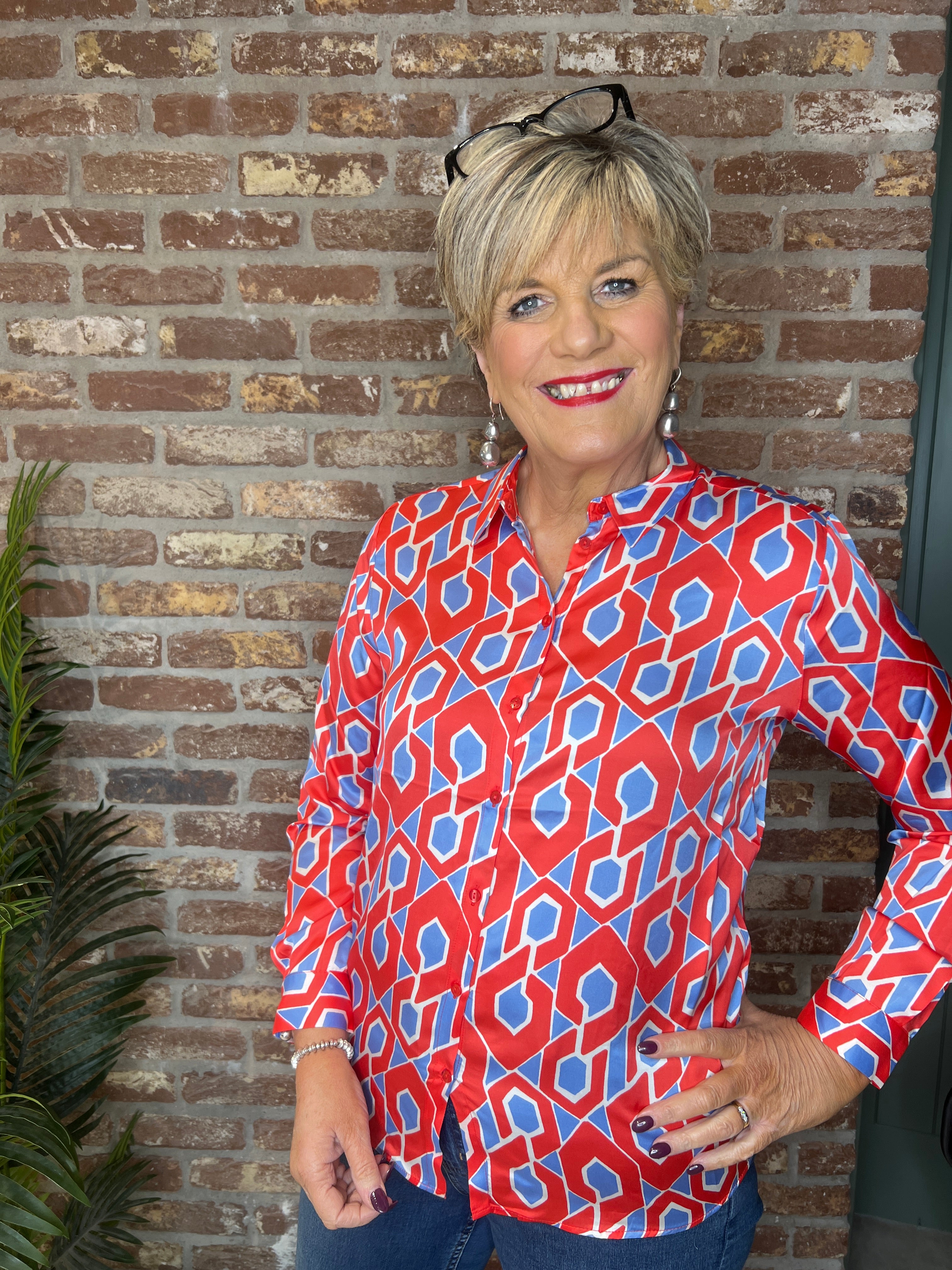 Milano Italy Patterned Blouse In Red multi