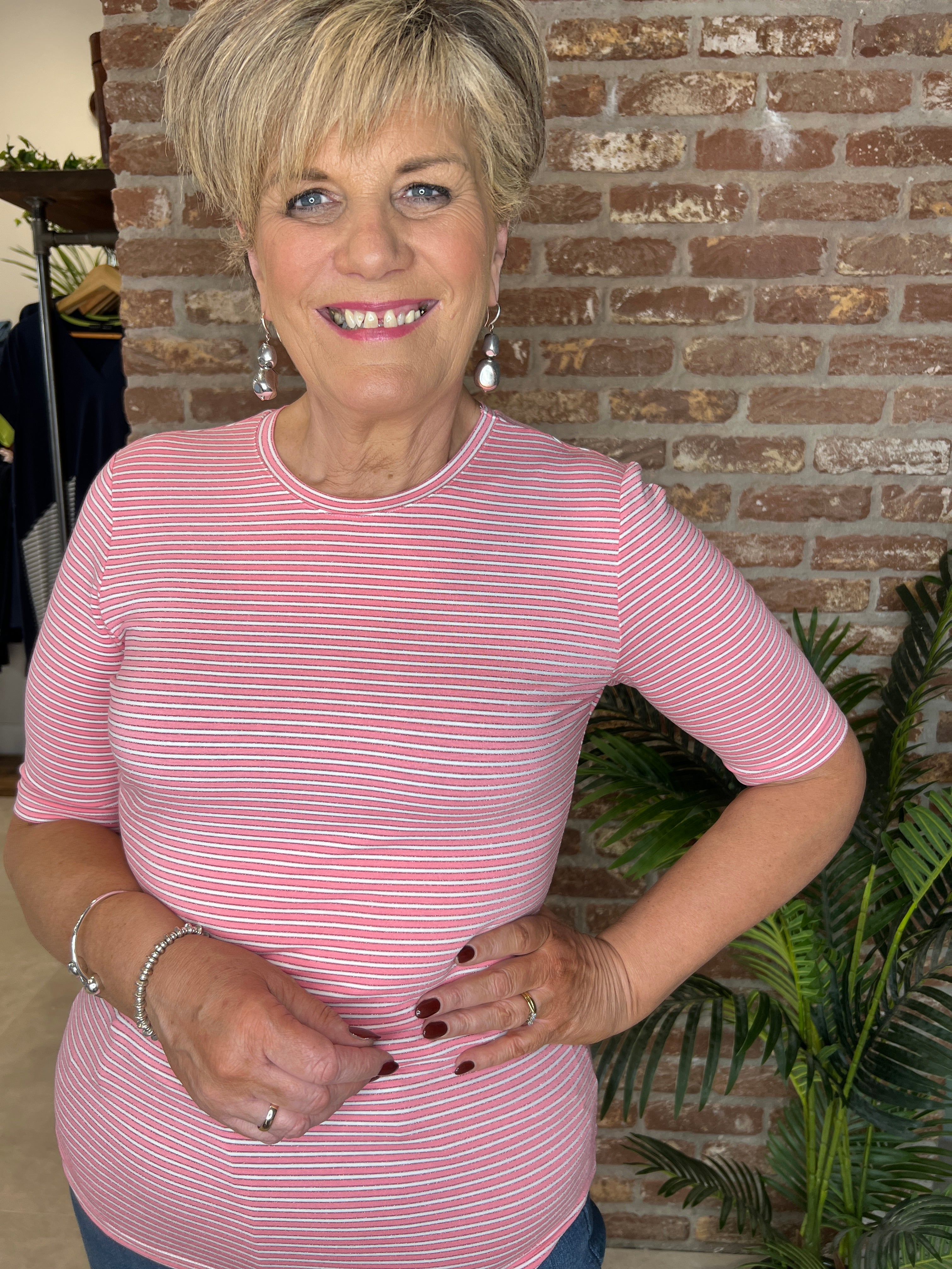 Culture Striped Short Sleeve Top In Pink & White