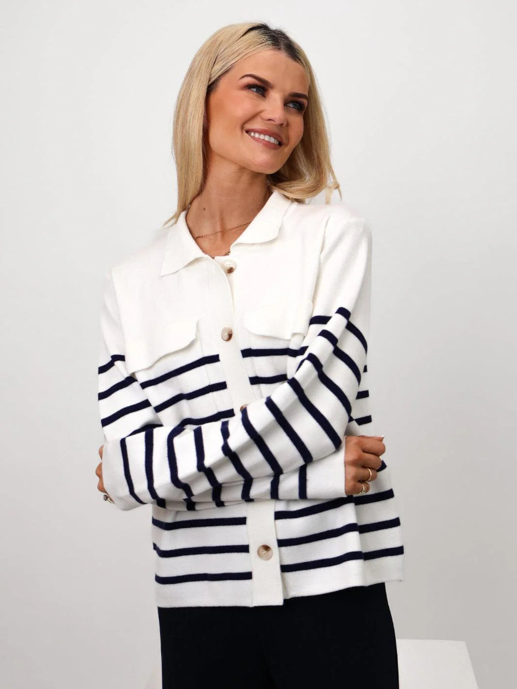 Kate & Pippa Dani Cardigan In White & Navy striped