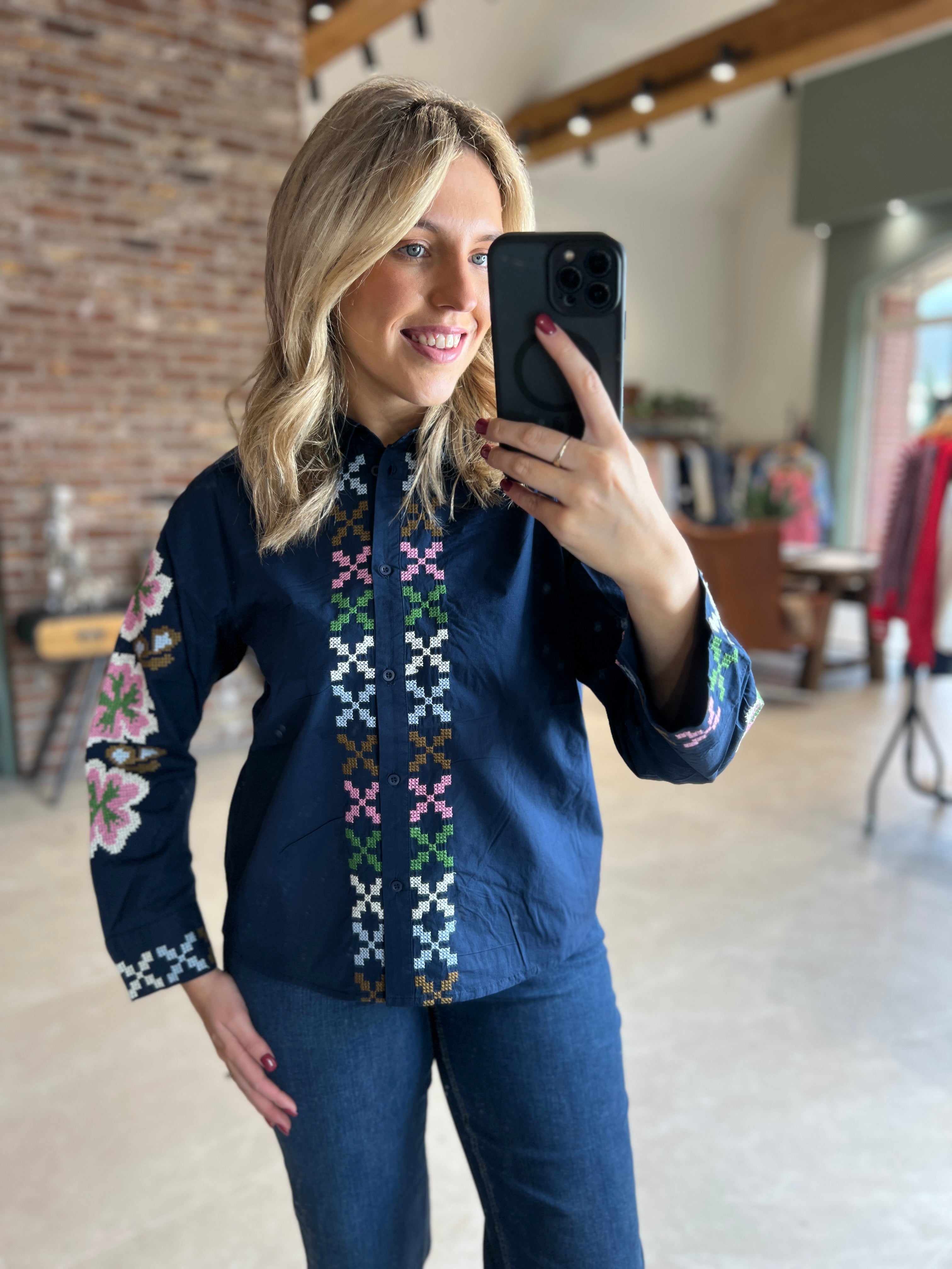 Culture Embroidery Shirt Dress Blues