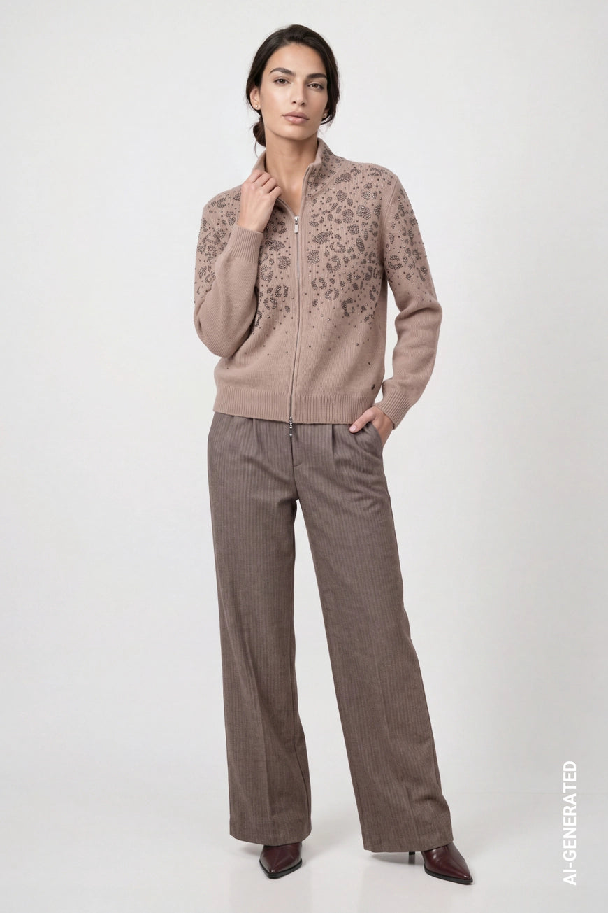 Leopard rhinestones jacket in sesame