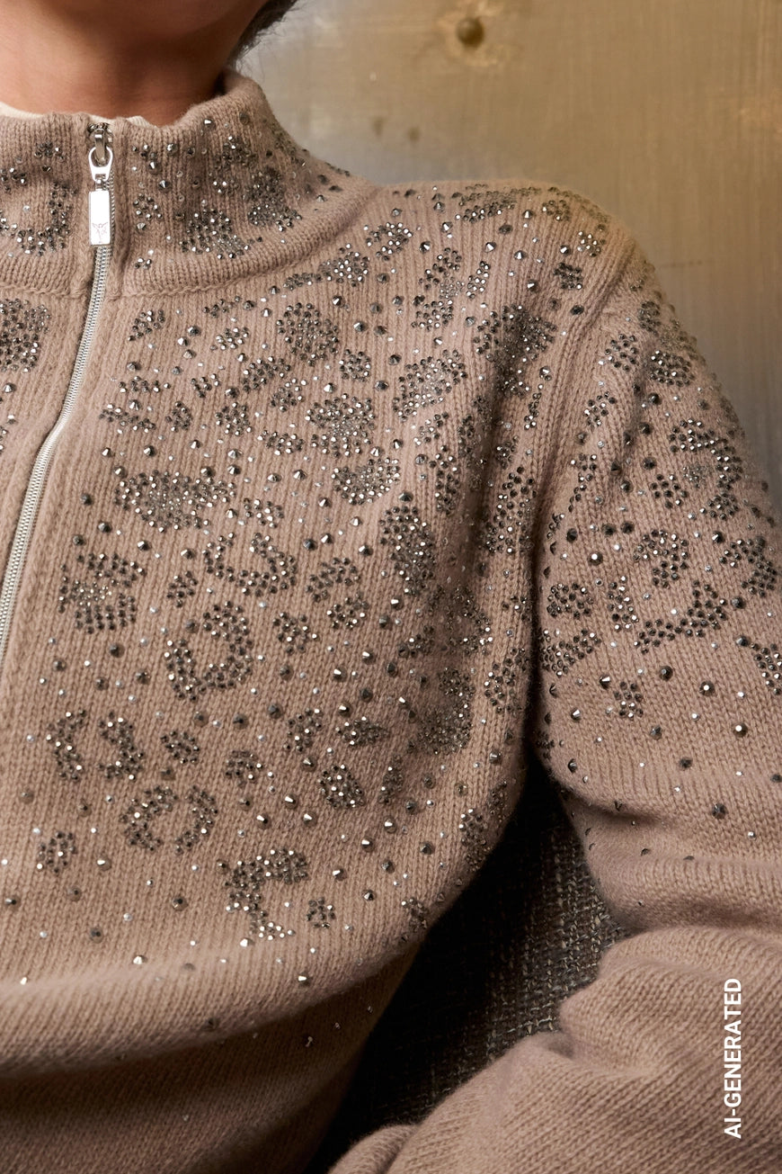 Leopard rhinestones jacket in sesame